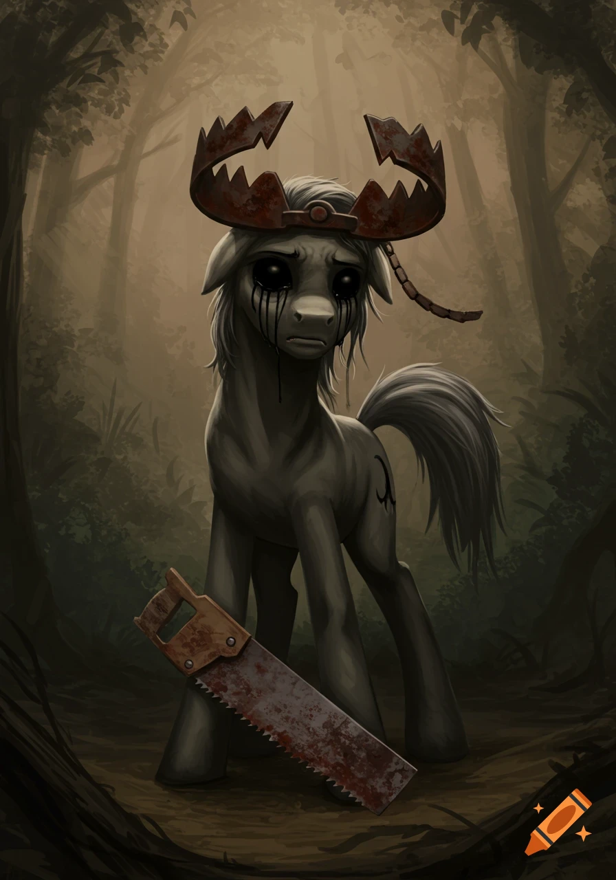 A grey My Little Pony character with black eyes leaking black liquid wears a rusty beartrap on its head and holds a blood-stained handsaw in a dark forest.