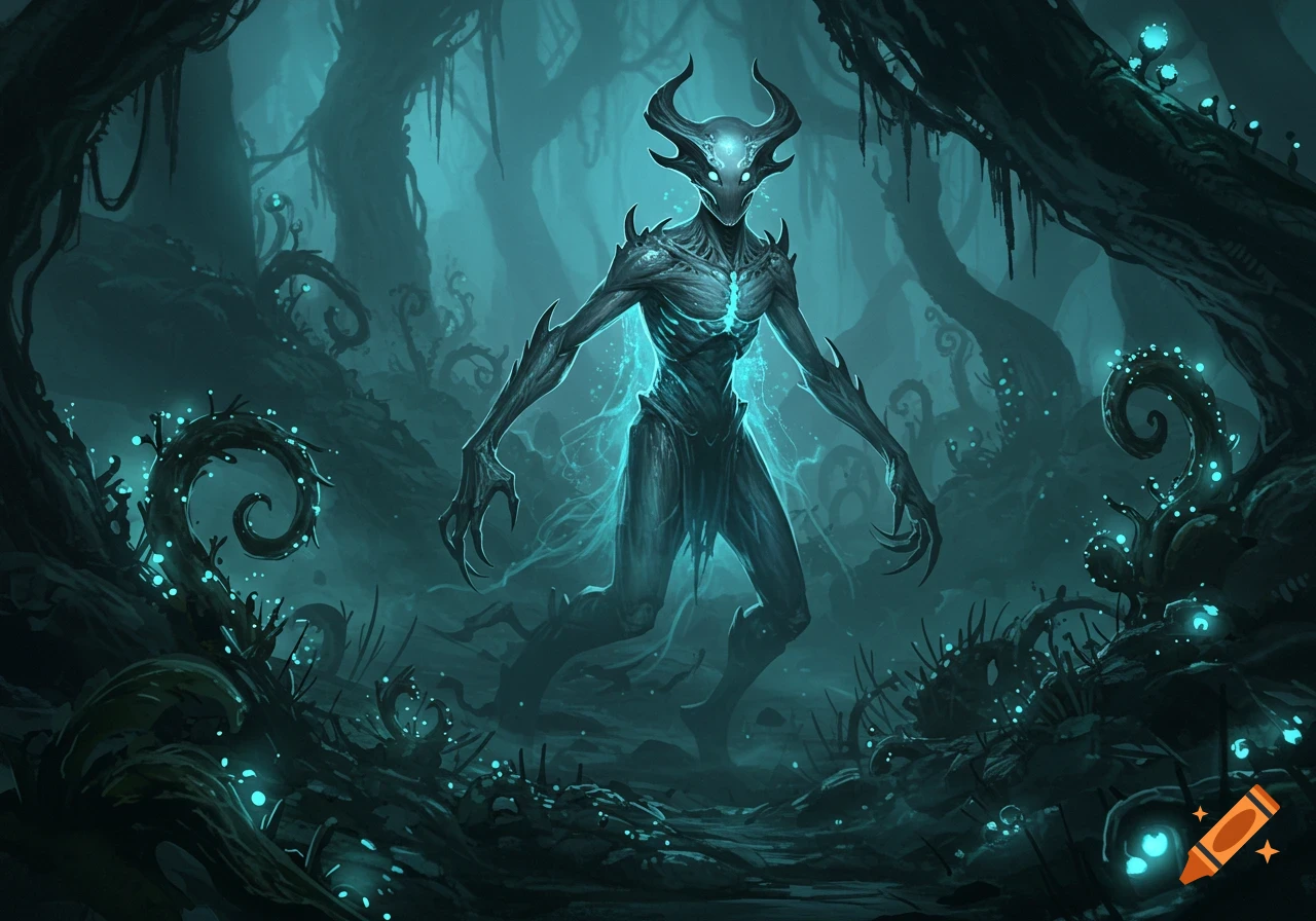 A glowing, skeletal-like creature with horns stands in a dark, bioluminescent swamp forest in a digital art style.