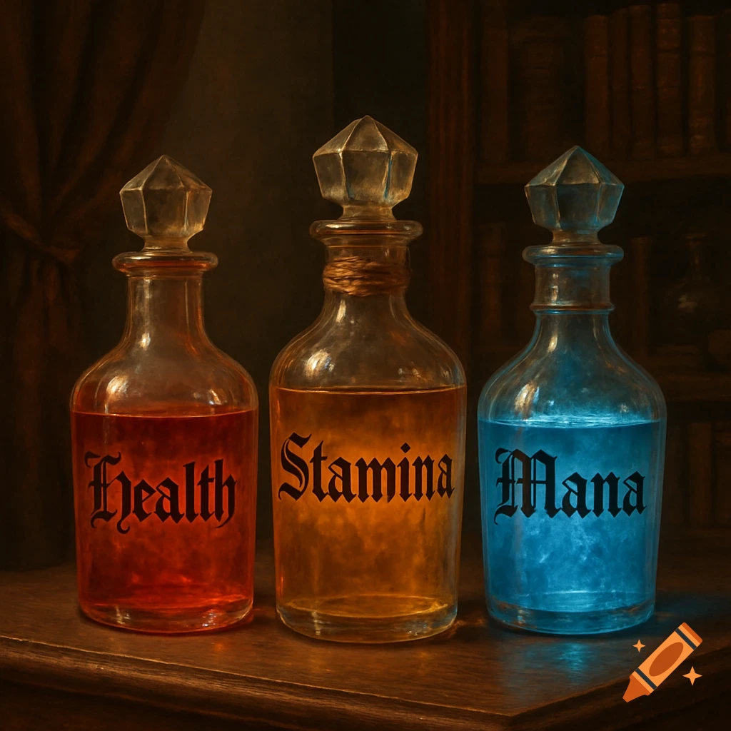 Three glowing fantasy potions labeled Health, Stamina, and Mana in Old English script on a wooden table.