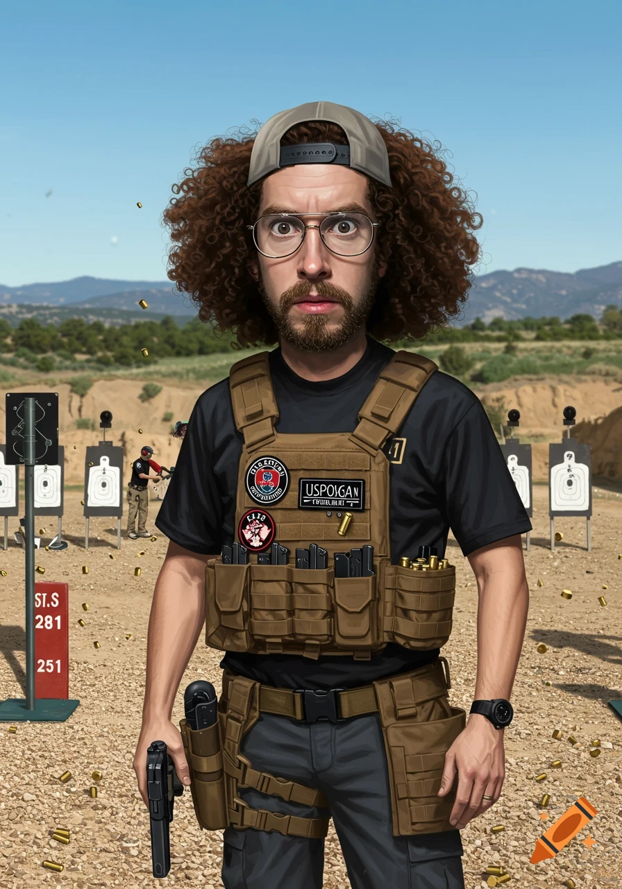 Caricature of a man resembling Napoleon Dynamite in tactical gear and a backward hat, holding a handgun at an outdoor shooting range.
