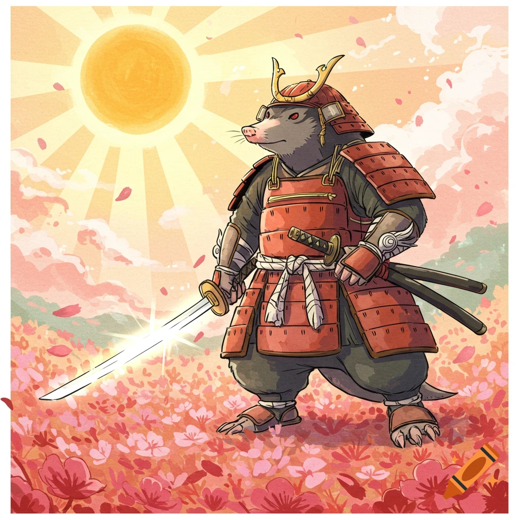 A watercolor illustration of a mole samurai warrior with a glowing katana in a field of cherry blossoms under a bright sun.