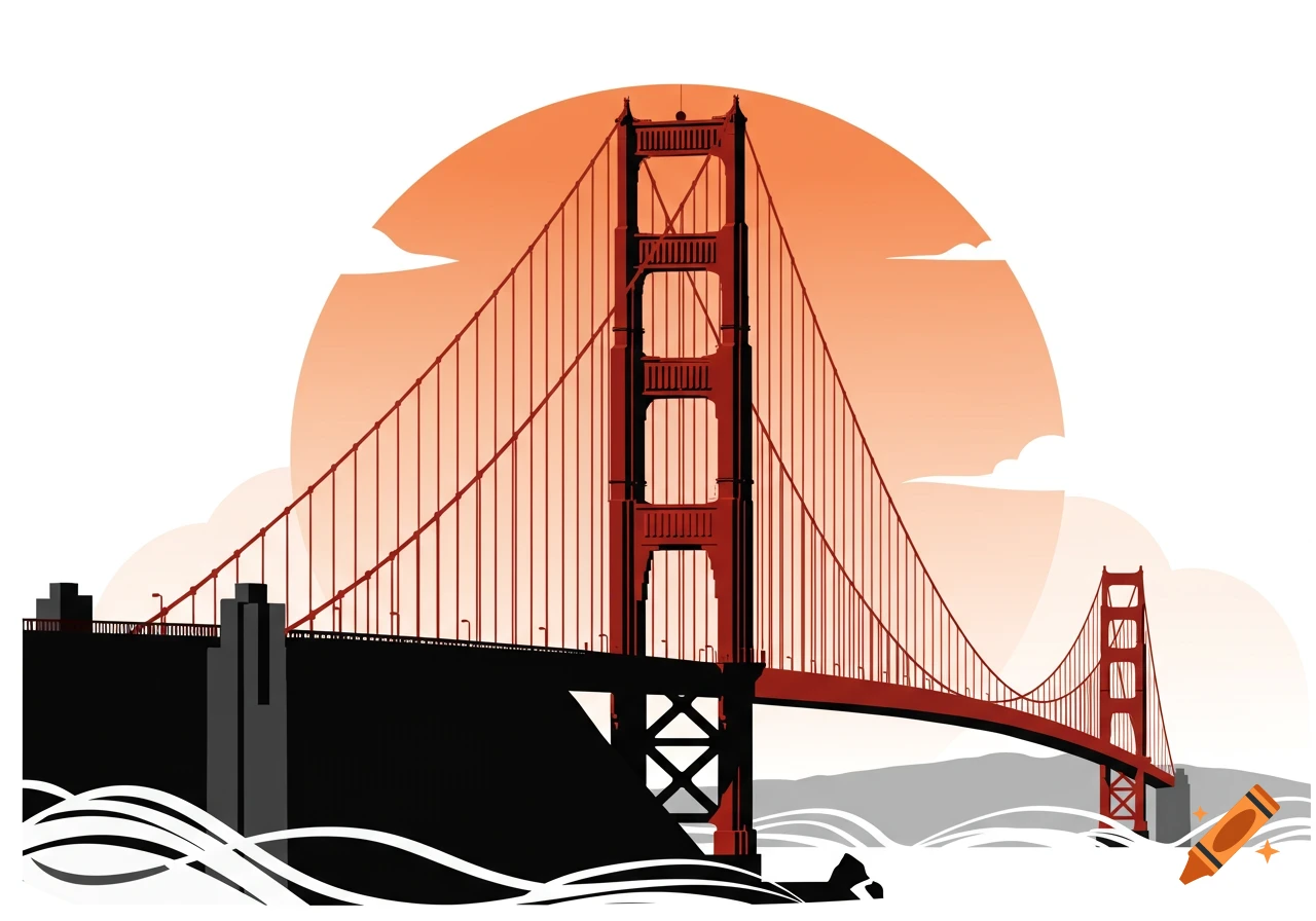 Stylized 2D graphic art illustration of the Golden Gate Bridge in red and black, with an orange sun disc behind it.