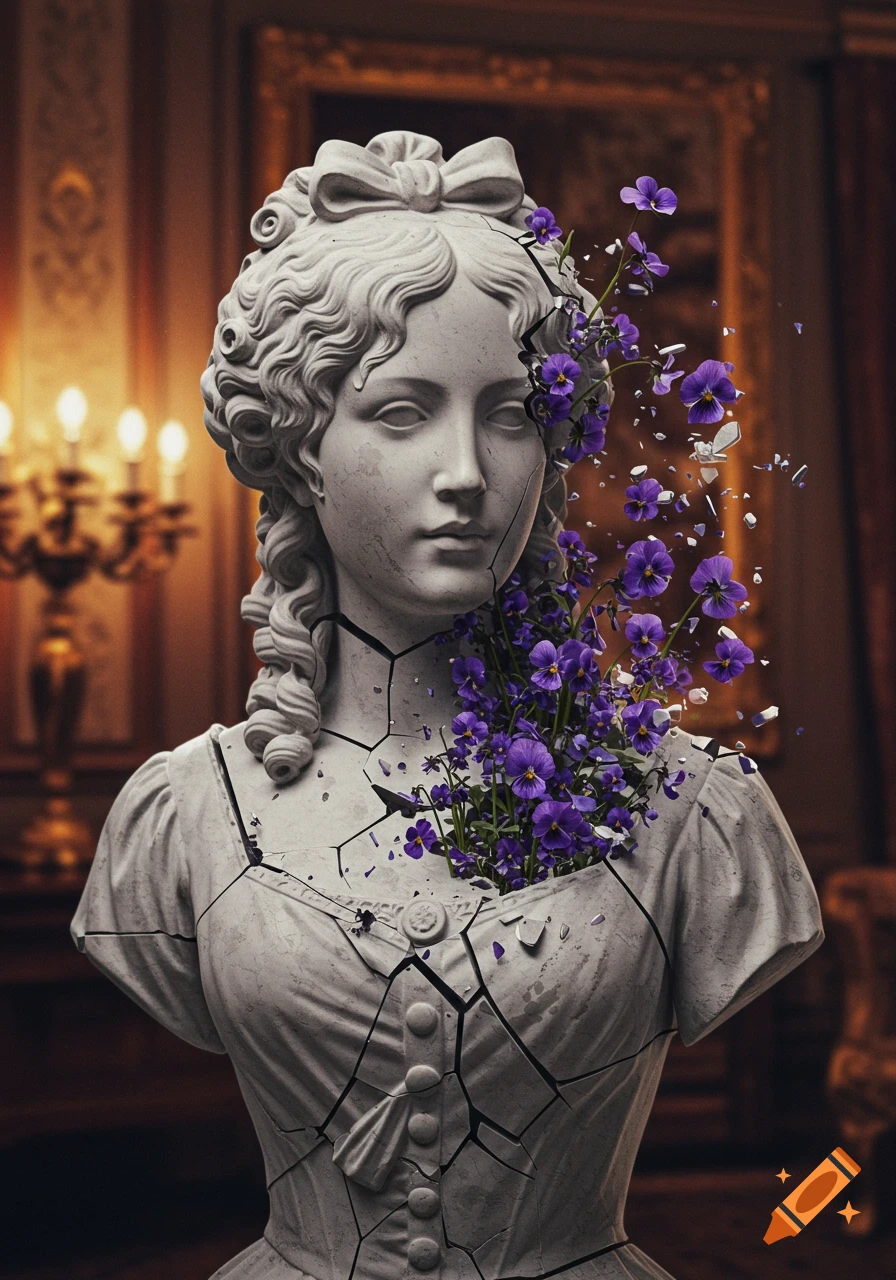 White marble bust of a woman in a Victorian dress, shattering to reveal purple violets emerging from within, in an ornate interior.