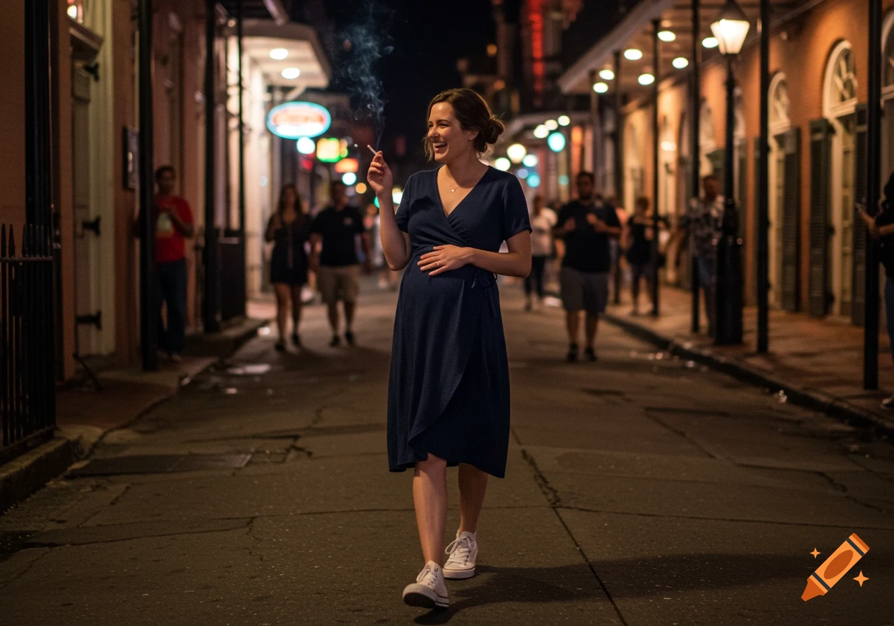 A smiling pregnant woman in a navy dress and white sneakers walks down a lively city street at night, holding a cigarette and her baby bump.