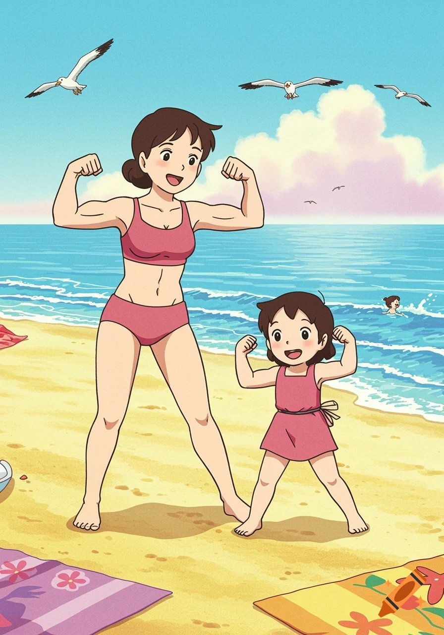 Anime mother and daughter in pink swimsuits flexing muscles on a beach under a sunny sky with seagulls.
