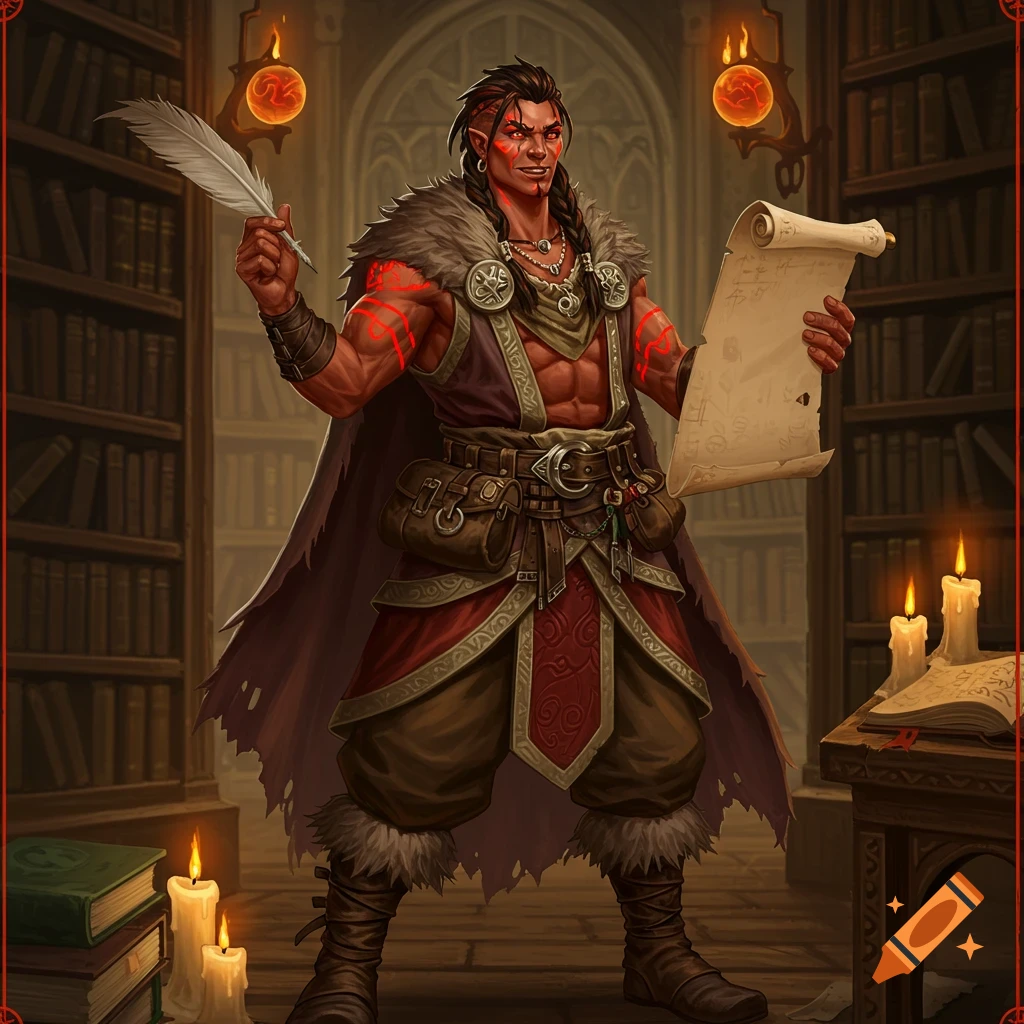 A strong fantasy male character with red markings, a fur cloak, and an open chest, holds a quill and a scroll in a library.