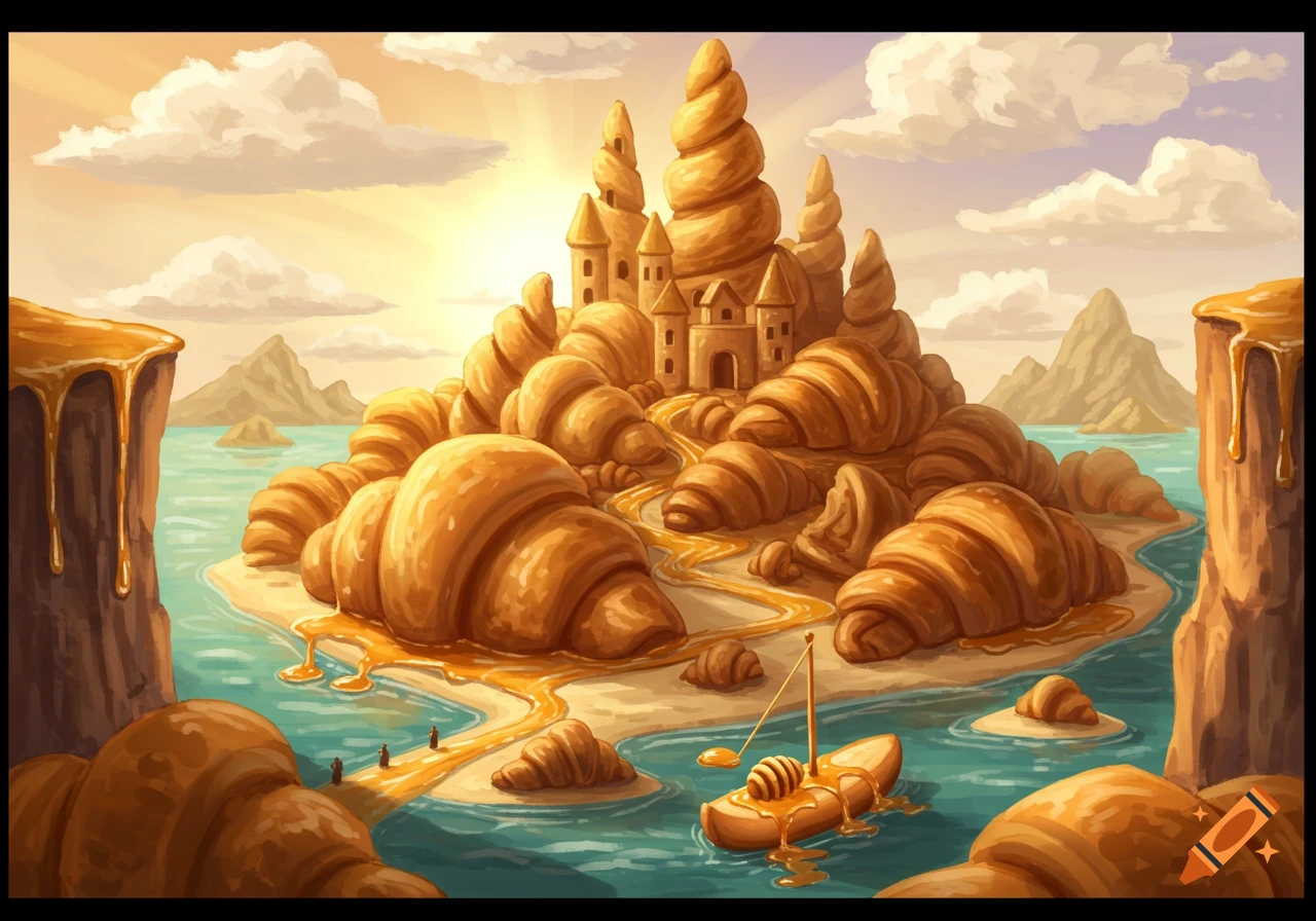 A whimsical island landscape made of golden croissants and honey-like rivers, featuring a croissant castle and small figures, under a sunny sky.
