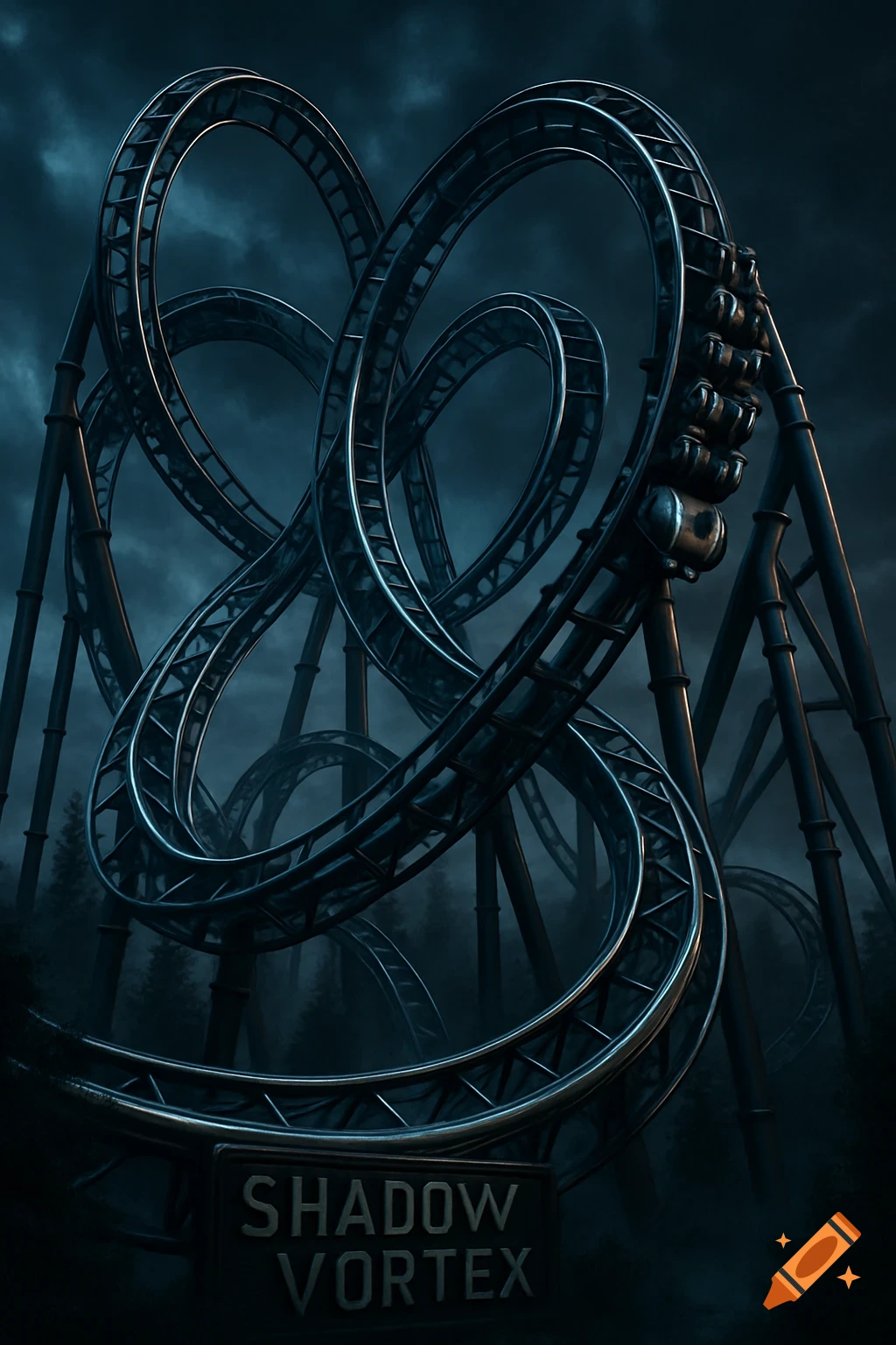 A dark, photorealistic image of the 'Shadow Vortex' rollercoaster with intricate loops and a train, under a cloudy, ominous sky.