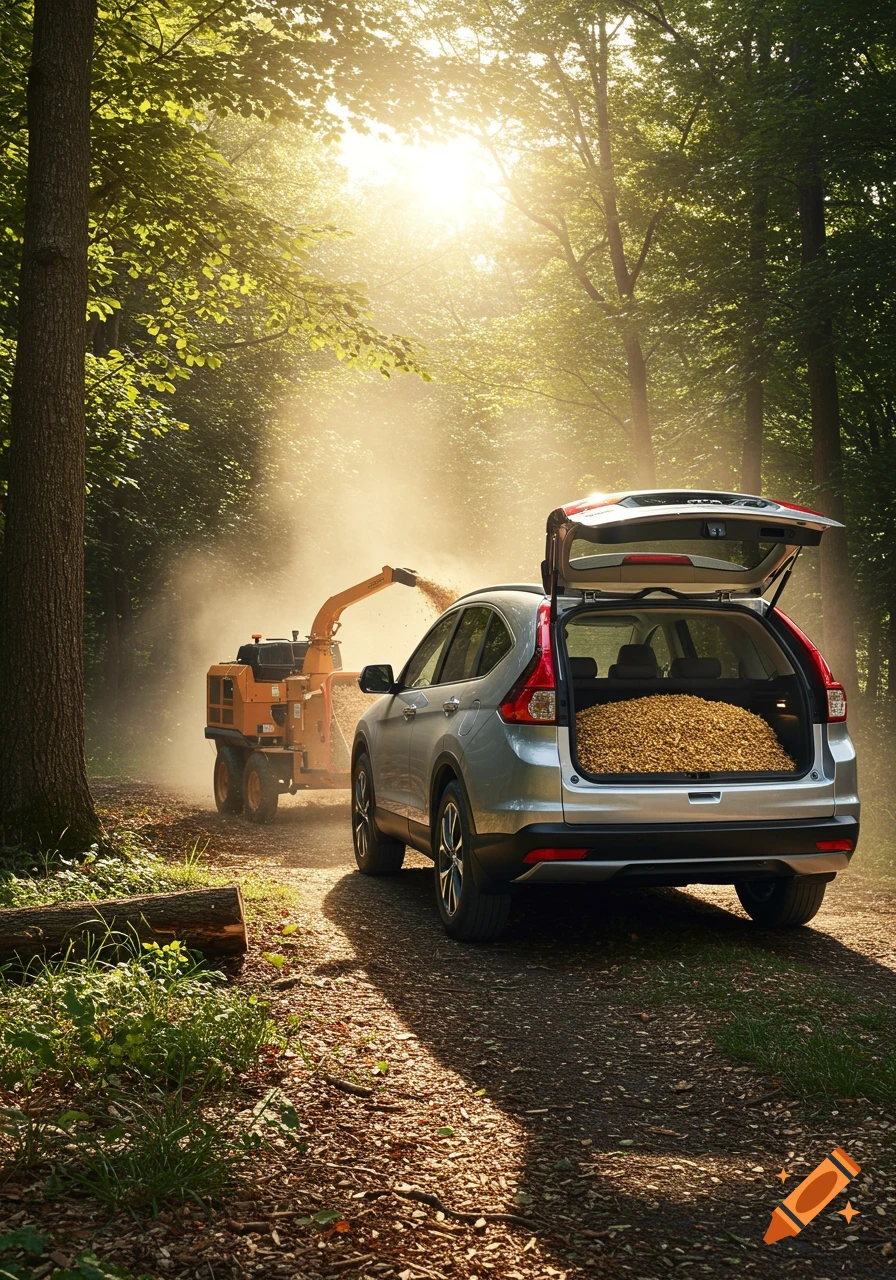 A silver SUV with an open trunk full of wood chips on a dirt road, next to a wood chipper in a sunlit forest.