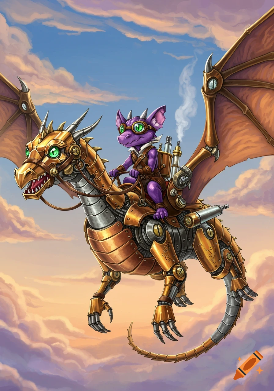A cute purple kobold wearing goggles rides a detailed clockwork dragon with green eyes through a cloudy sky.