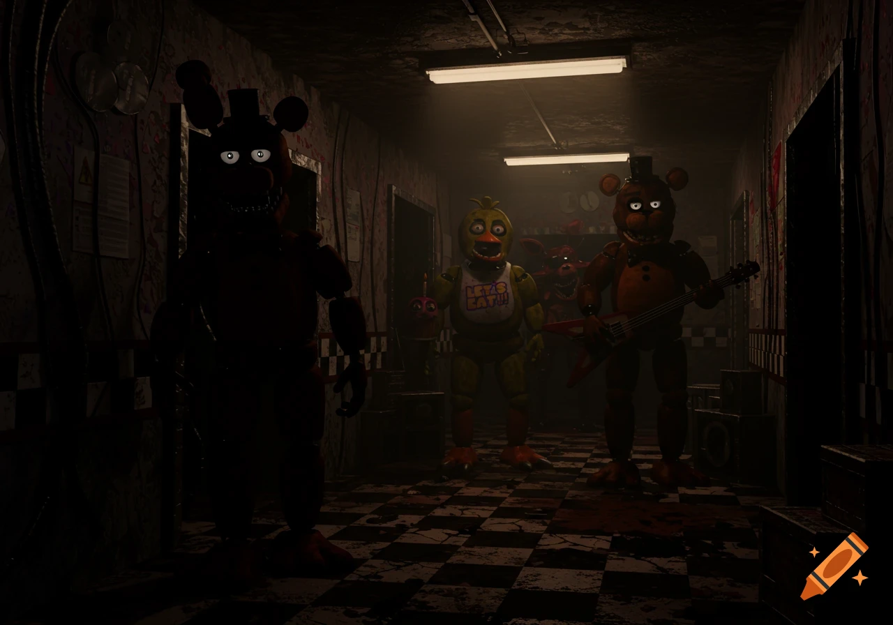 Animatronic characters from Five Nights at Freddy's, including Freddy, Chica, and Foxy, in a dark, grimy hallway.