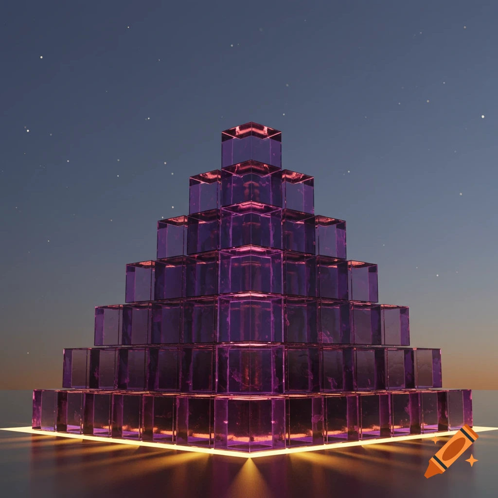 A pyramid of glowing purple glass cubes on a dark surface, under a starry twilight sky.