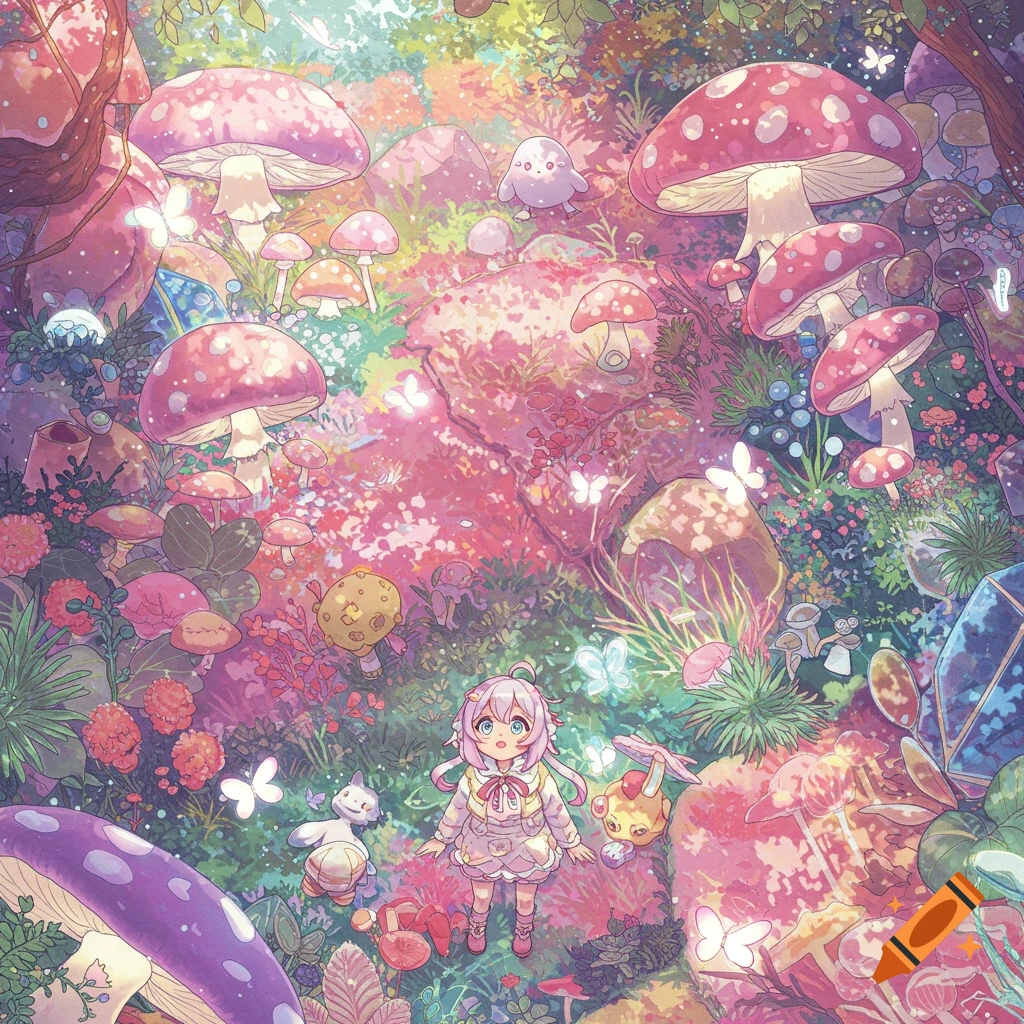 Anime girl in a vibrant, whimsical mushroom forest with butterflies and small creatures, colorful illustration.