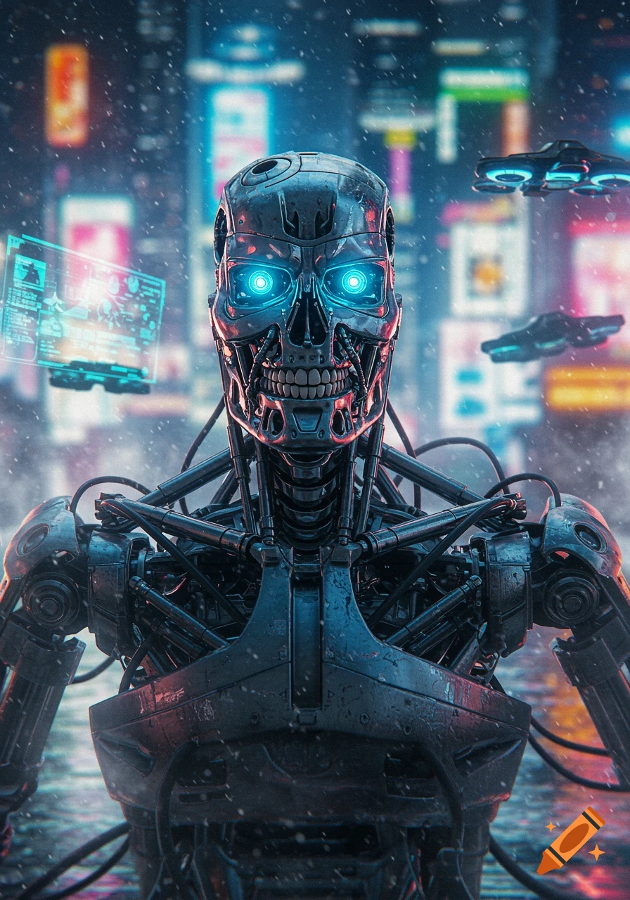 Close-up of a metallic, skull-like robot with glowing blue eyes in a snowy, neon-lit cyberpunk city.