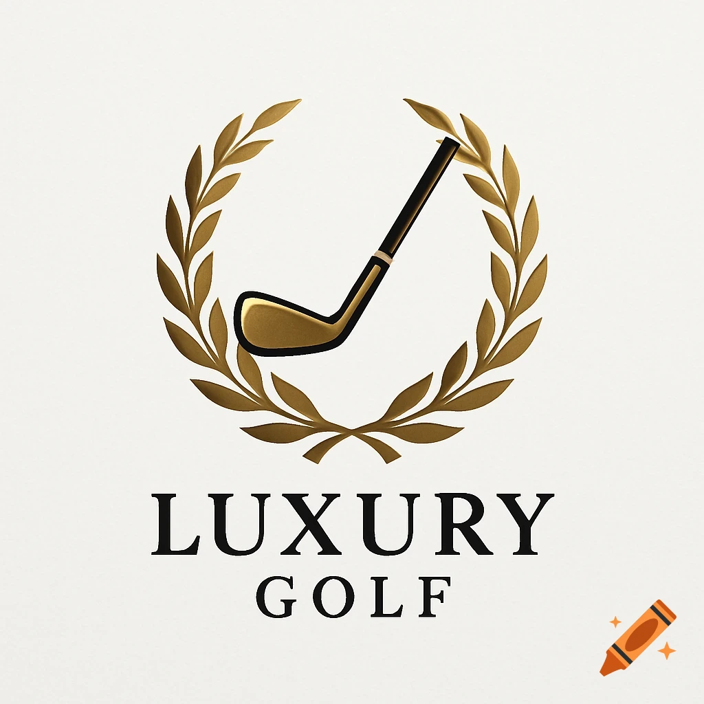 Gold golf club and laurel wreath logo with 'LUXURY GOLF' text on a white background.