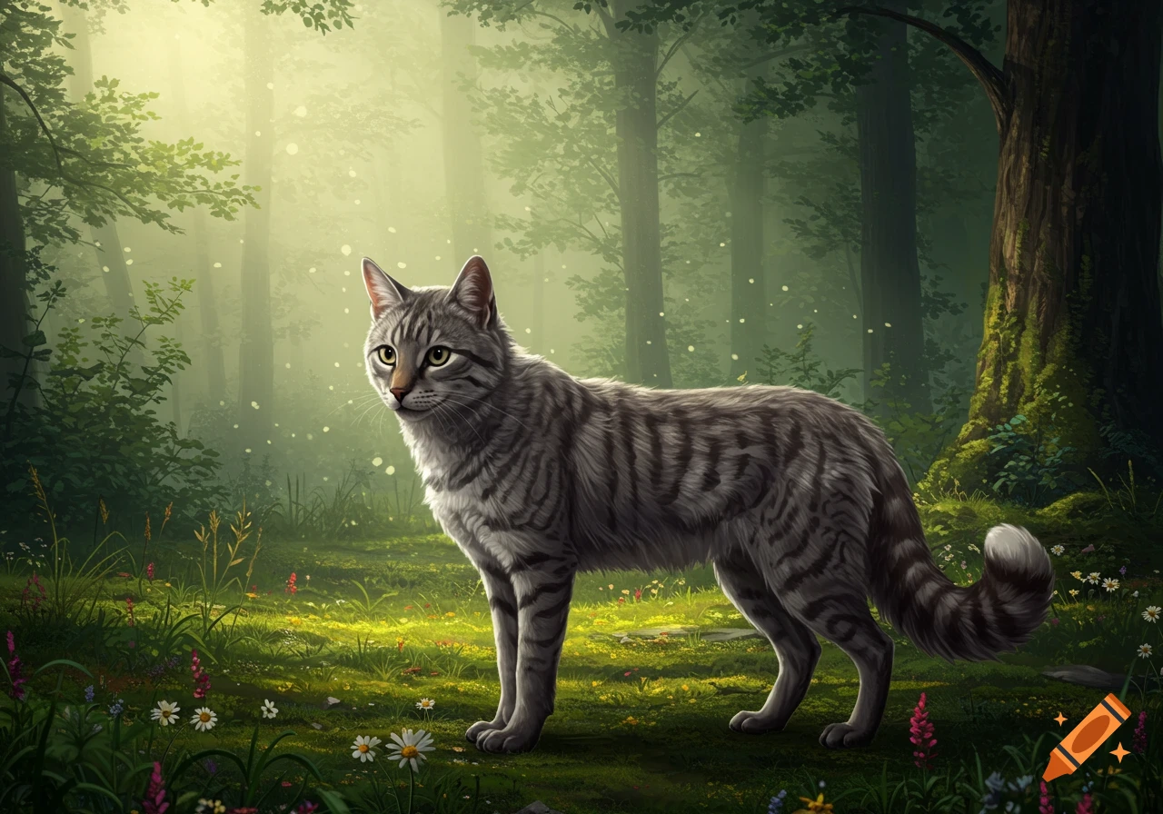 A detailed illustration of a gray tabby cat standing in a sun-dappled, misty forest with green grass and wildflowers.