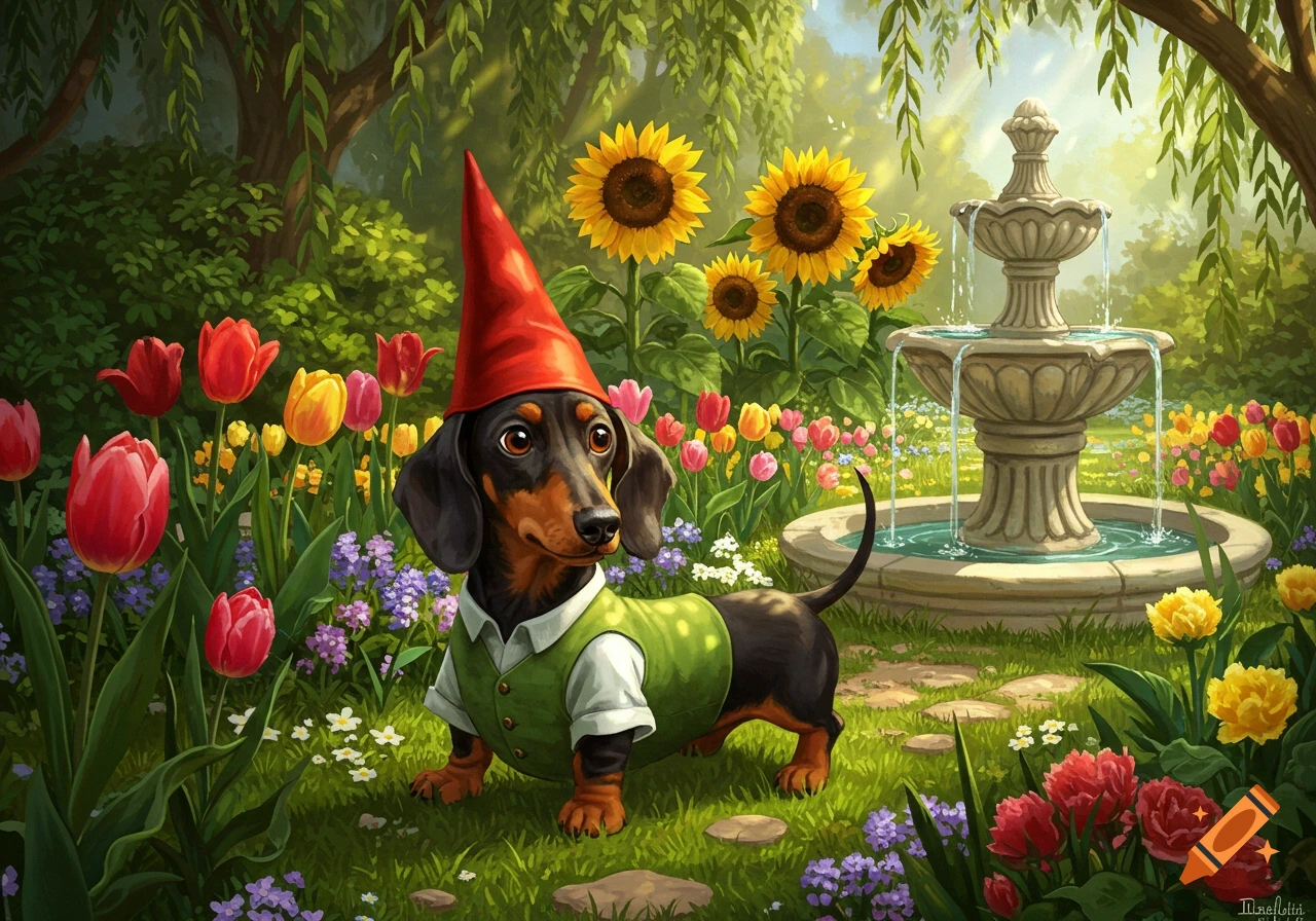 A cute dachshund wearing a red gnome hat and green vest stands in a vibrant flower garden with a fountain and sunflowers.
