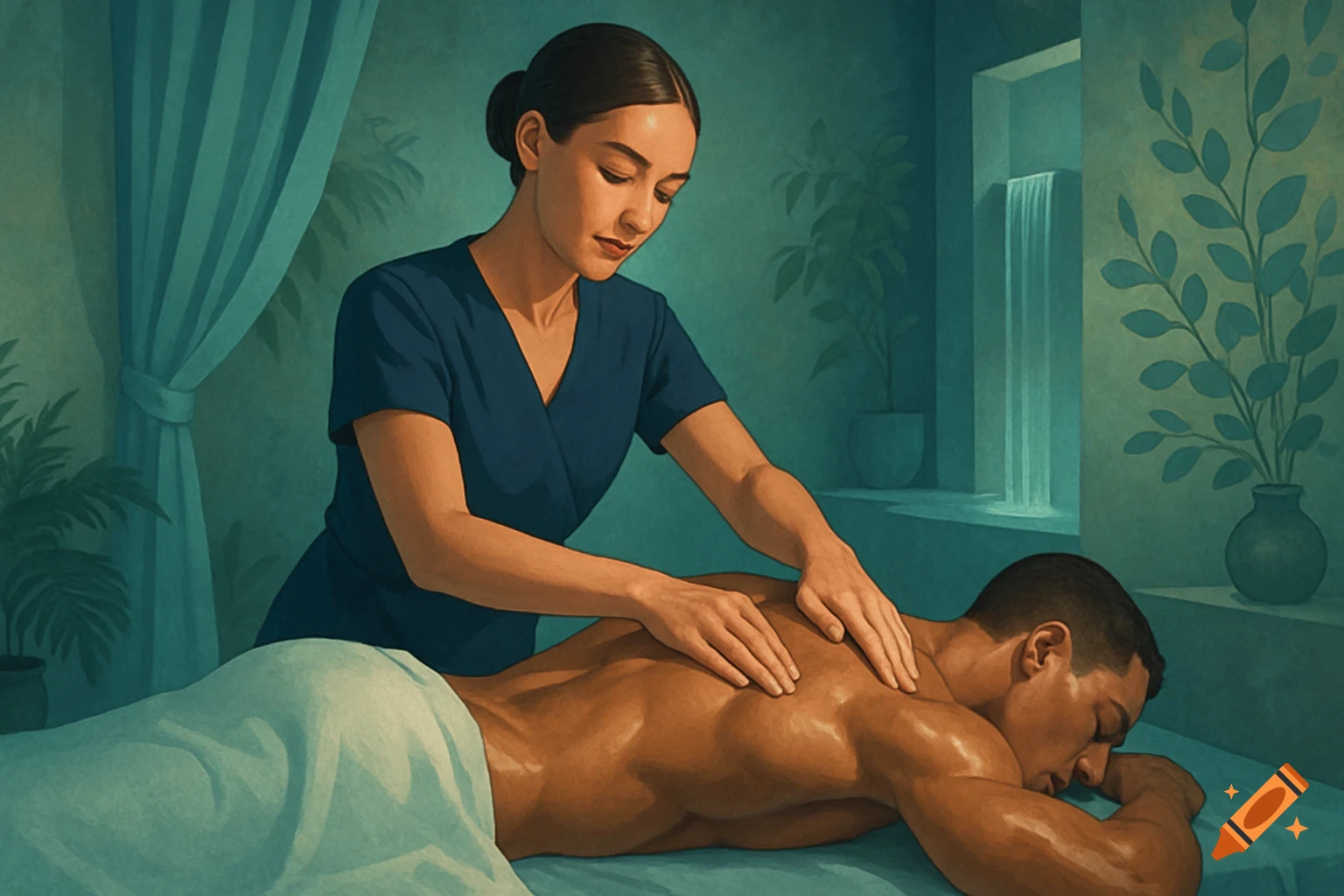 A woman massages a man's back in a tranquil spa room with teal decor, plants, and a waterfall, in a stylized illustration.