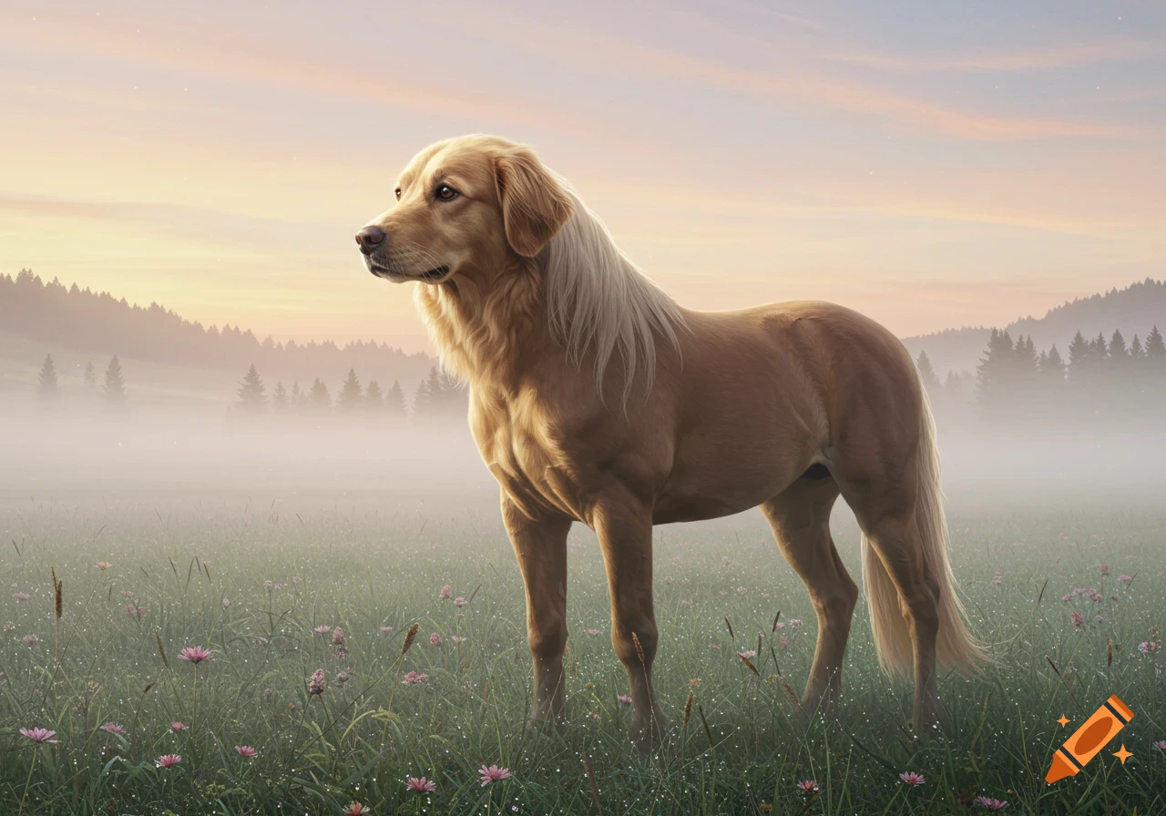A photorealistic dog-horse hybrid with a golden coat and blonde mane stands in a misty, dew-covered field with pink flowers at sunrise.