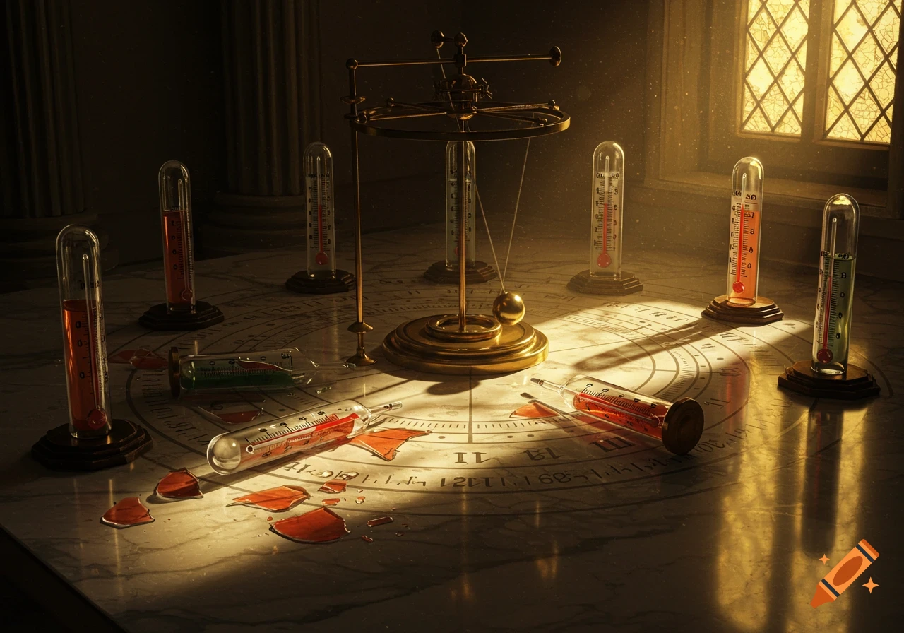 A stylized Foucault pendulum clock setup with Galilean thermometers, some broken with red and green liquid spilled on a marble table.