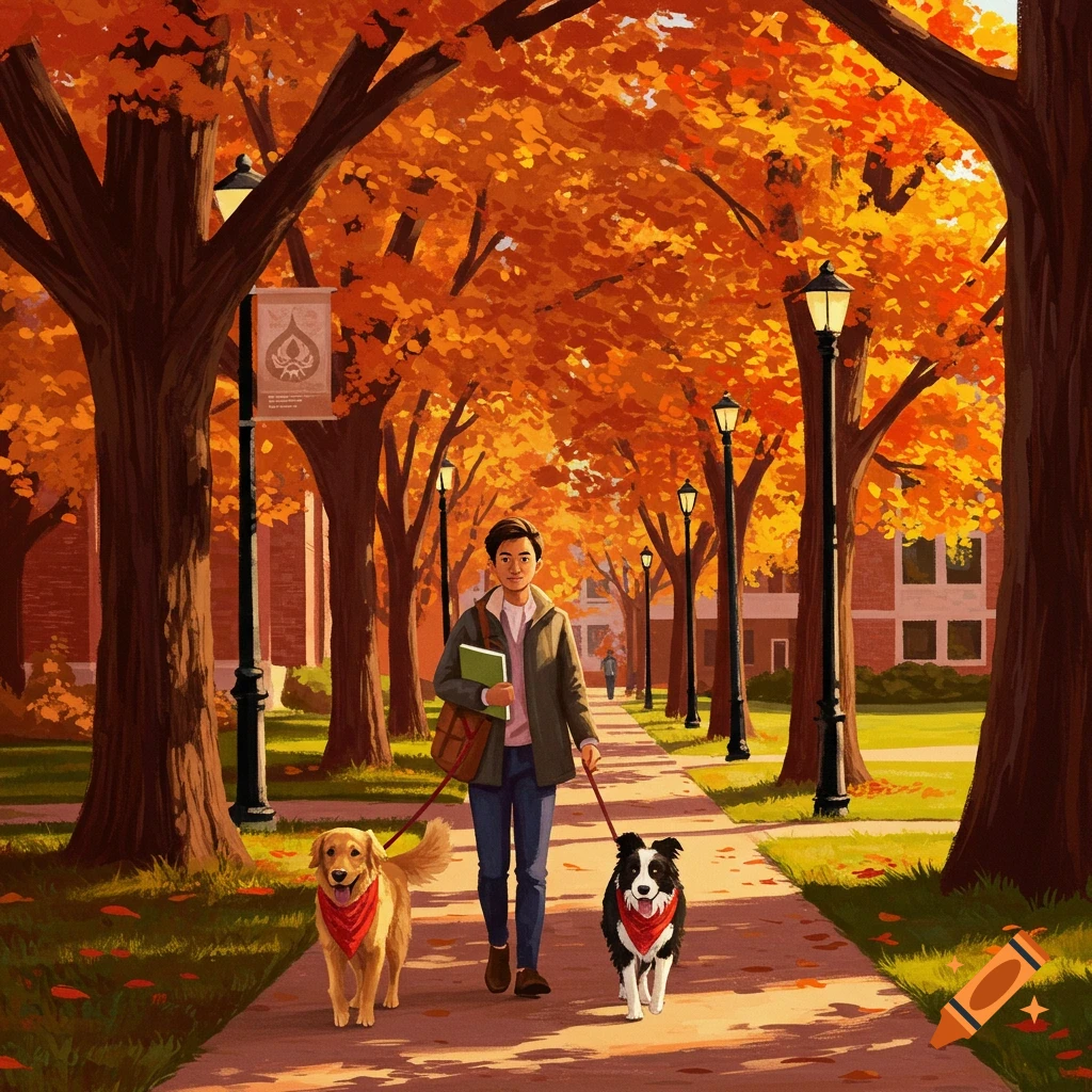 A student walks a golden retriever and a border collie on a college campus path lined with vibrant orange autumn trees, in an illustrative style.