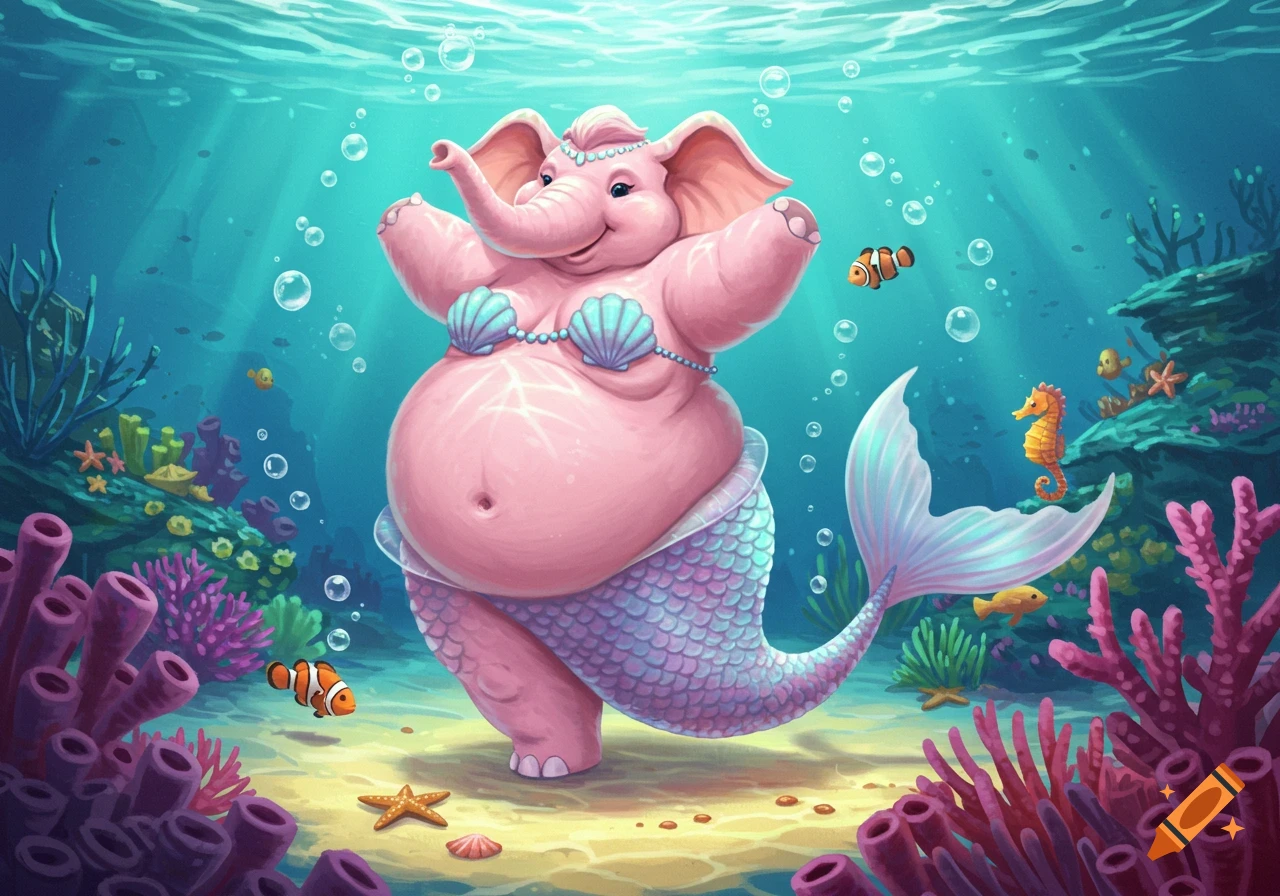 A pink elephant with a large belly and seashell bra, wearing a mermaid tail, dances underwater among coral and fish in an anime style.