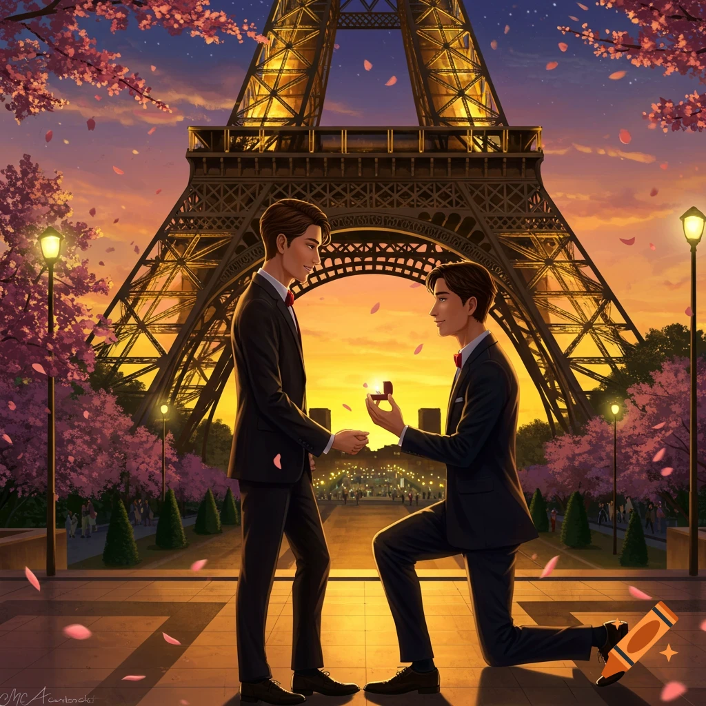 Stylized illustration of one man proposing to another man in front of the Eiffel Tower at sunset with cherry blossoms.