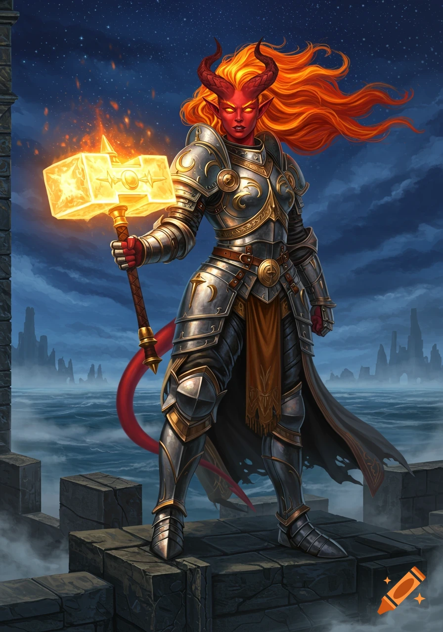 A red-skinned tiefling paladin in ornate armor stands on ruins, holding a glowing hammer, with a stormy sea and night sky behind her. Digital art.