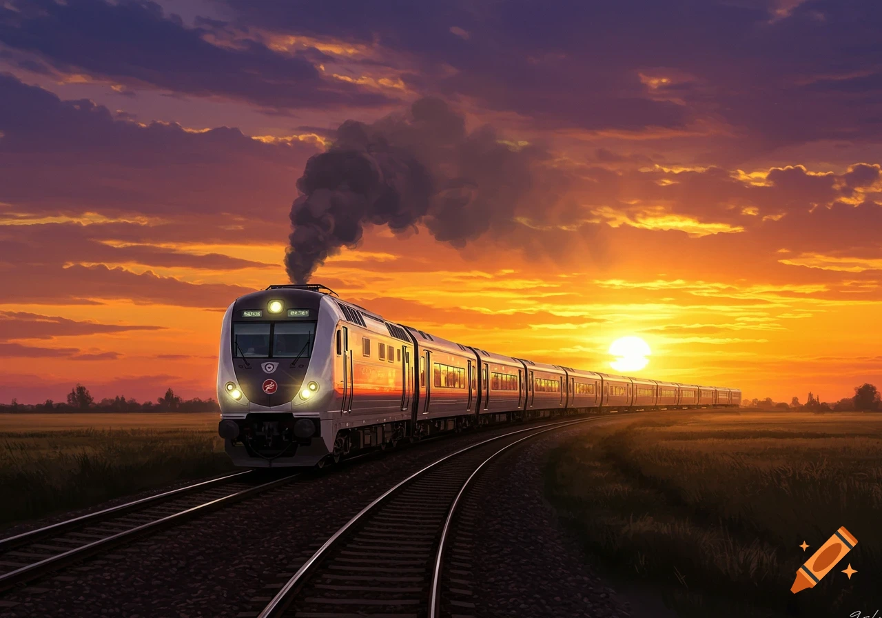 A modern train travels on tracks through a grassy field towards a vibrant orange and purple sunset.