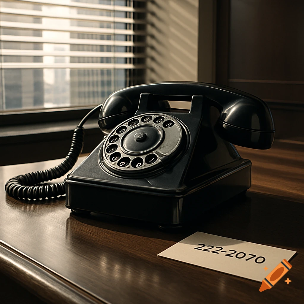 A black vintage rotary telephone sits on a glossy wooden desk next to a note with the number '222-2070'. Blinds cover a window.