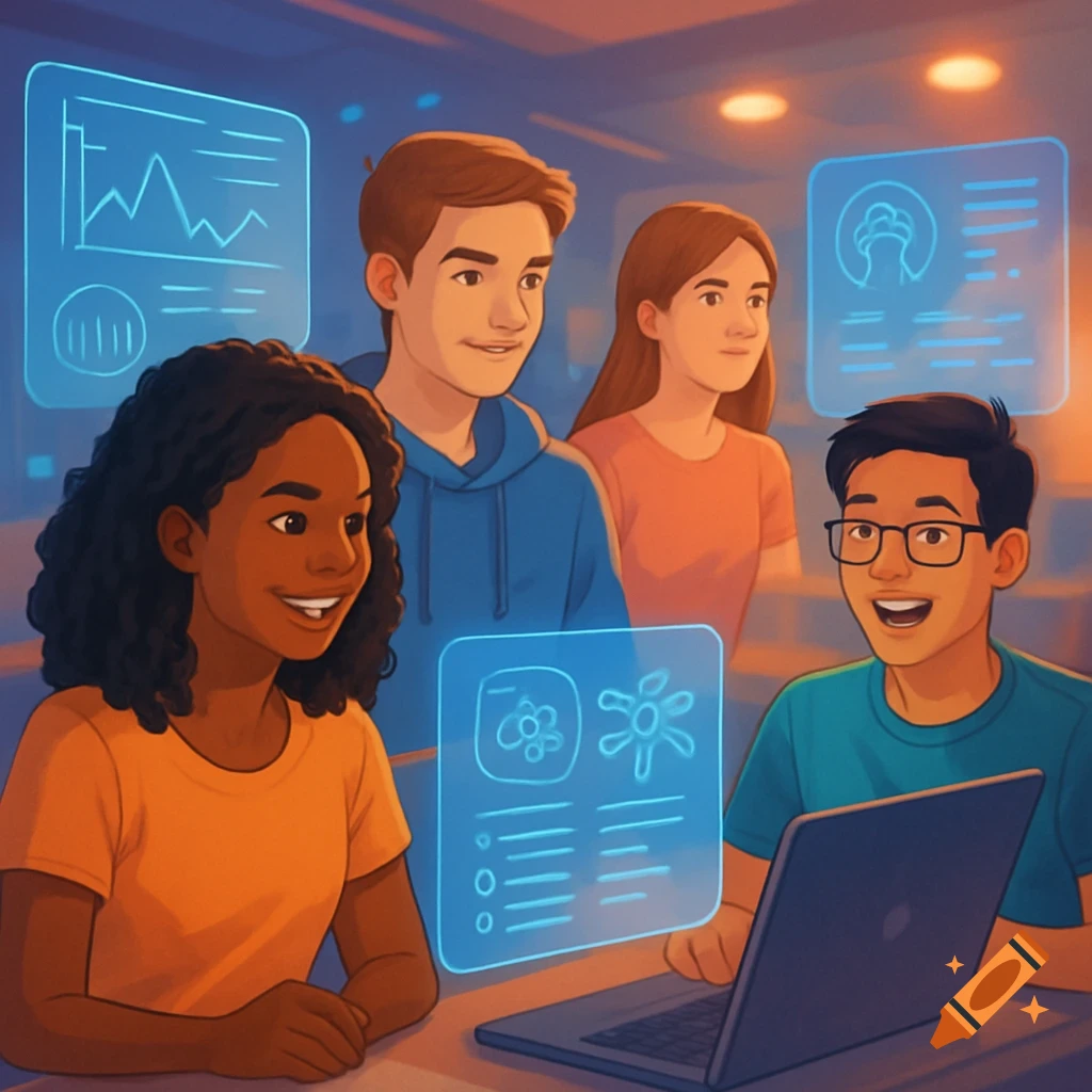 Four diverse students, two girls and two boys, interact with glowing blue holographic displays showing data and symbols, in a modern classroom.