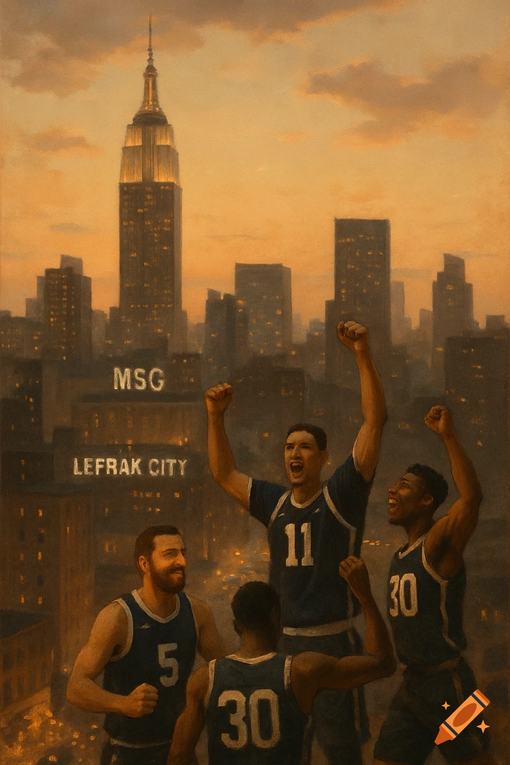 Painterly image of four basketball players celebrating on a rooftop with the New York City skyline at sunset, featuring the Empire State Building and signs for 'MSG' and 'LEFRAK CITY'.