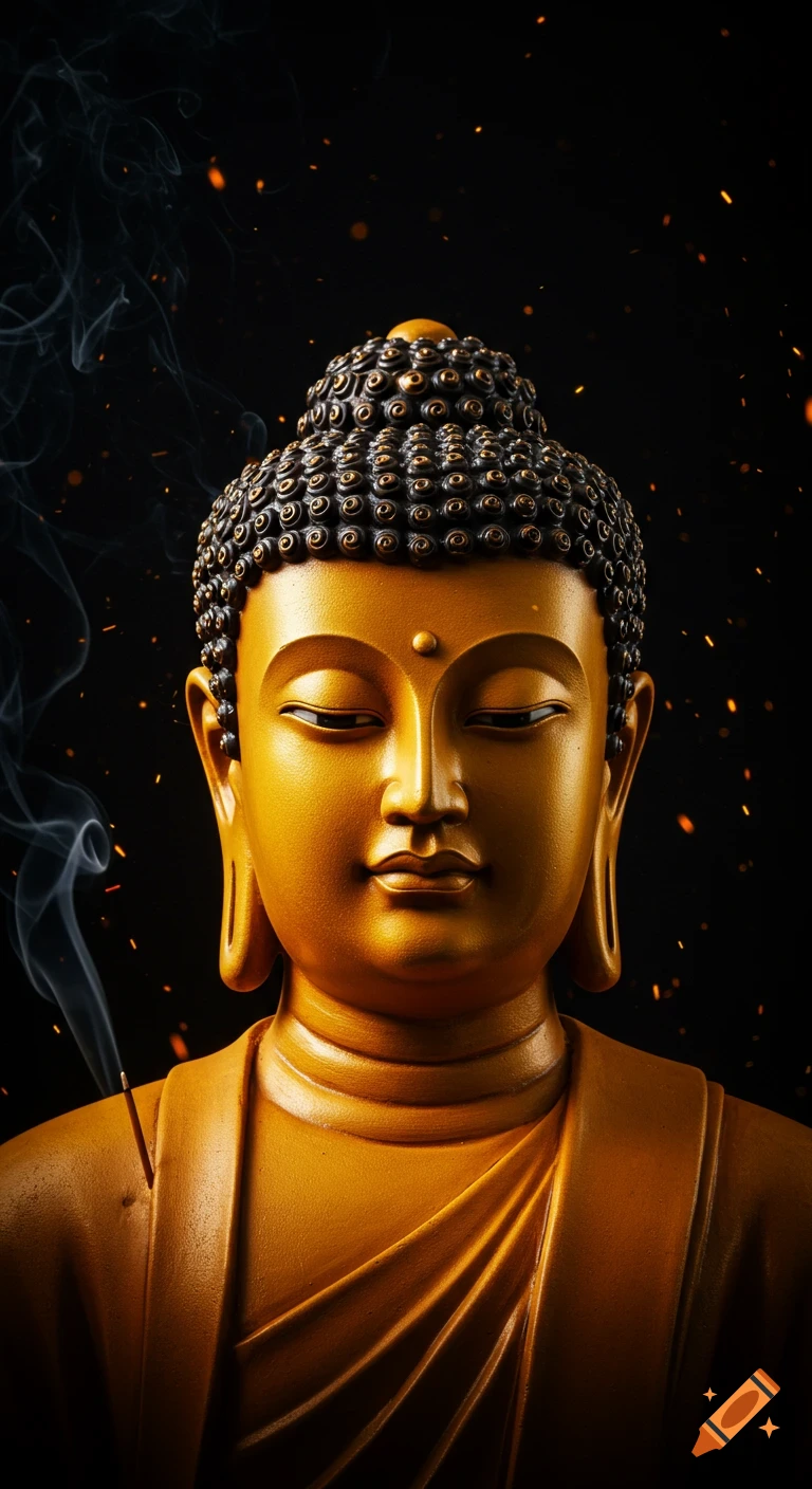 Golden Buddha statue with smoke and glowing embers on a dark background.