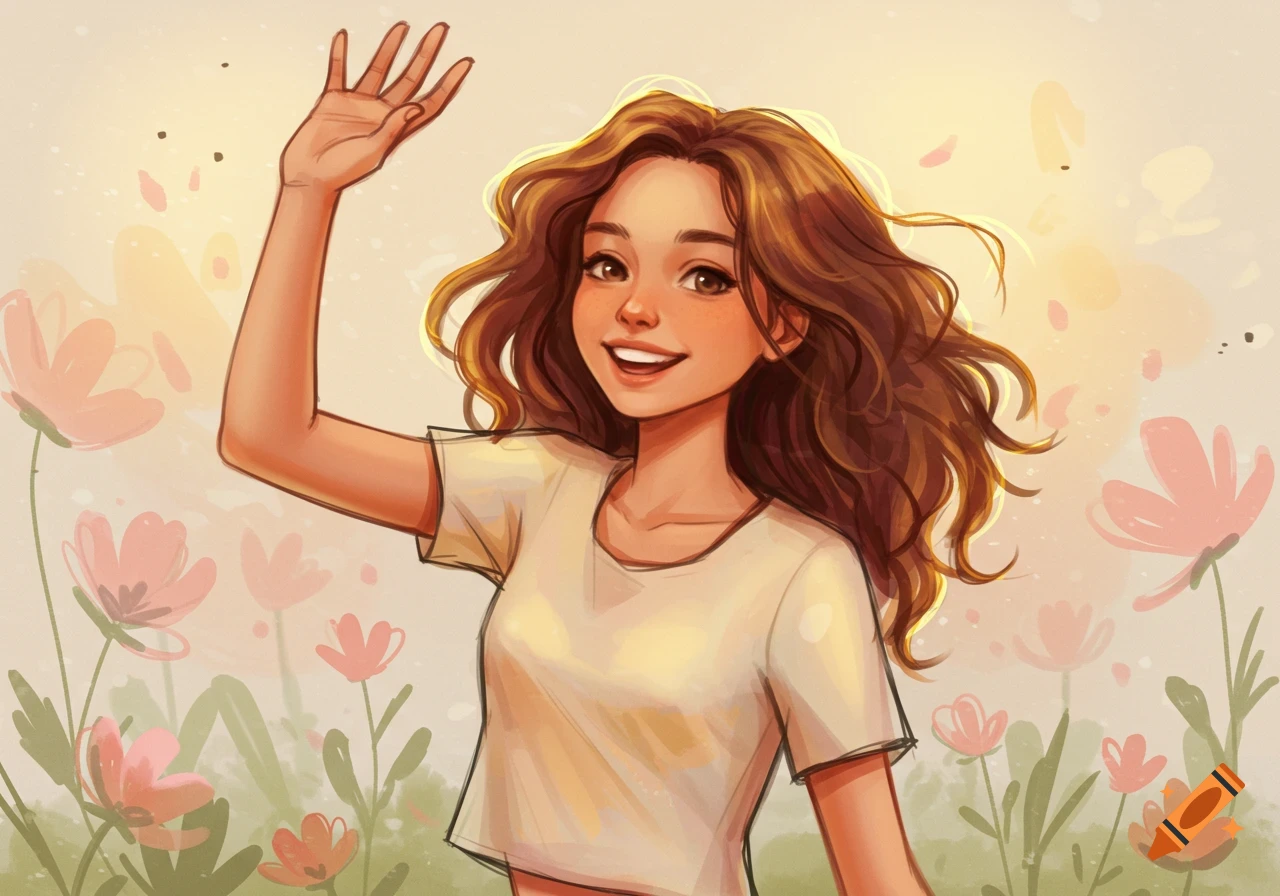Smiling young girl with brown wavy hair waving in a sunny field of pink flowers, digital illustration style.