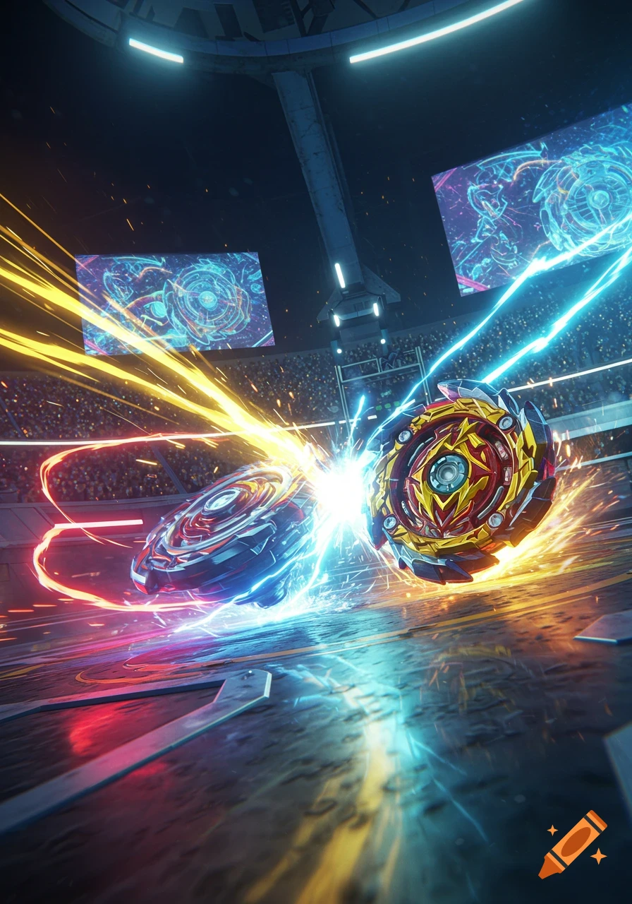 Two glowing Beyblades clash in a futuristic arena, surrounded by vibrant energy trails and a cheering crowd.
