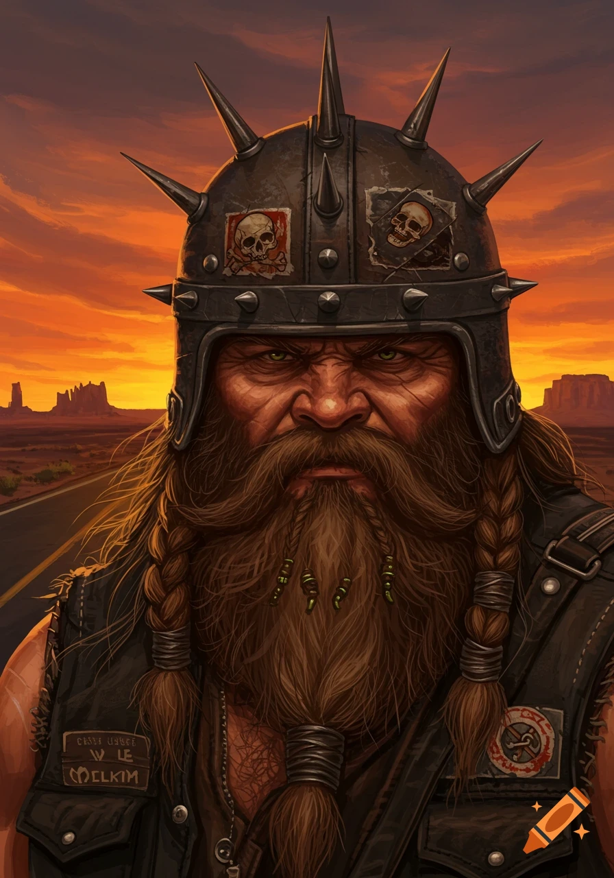 Close-up portrait of a fierce, bearded man wearing a spiked biker helmet with skull decals, against a desert road sunset.