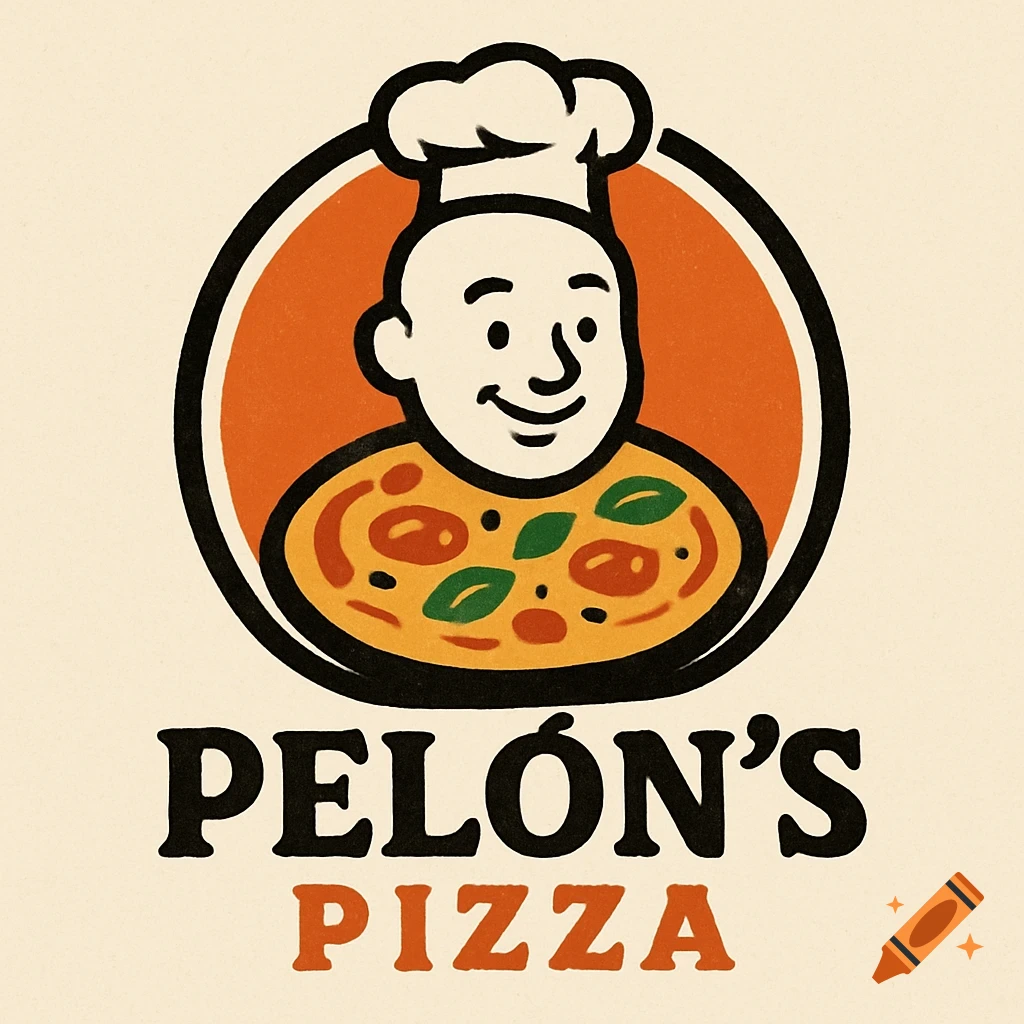 Cartoon logo for Pelón's Pizza, featuring a smiling chef's head above a pizza with basil and sauce.