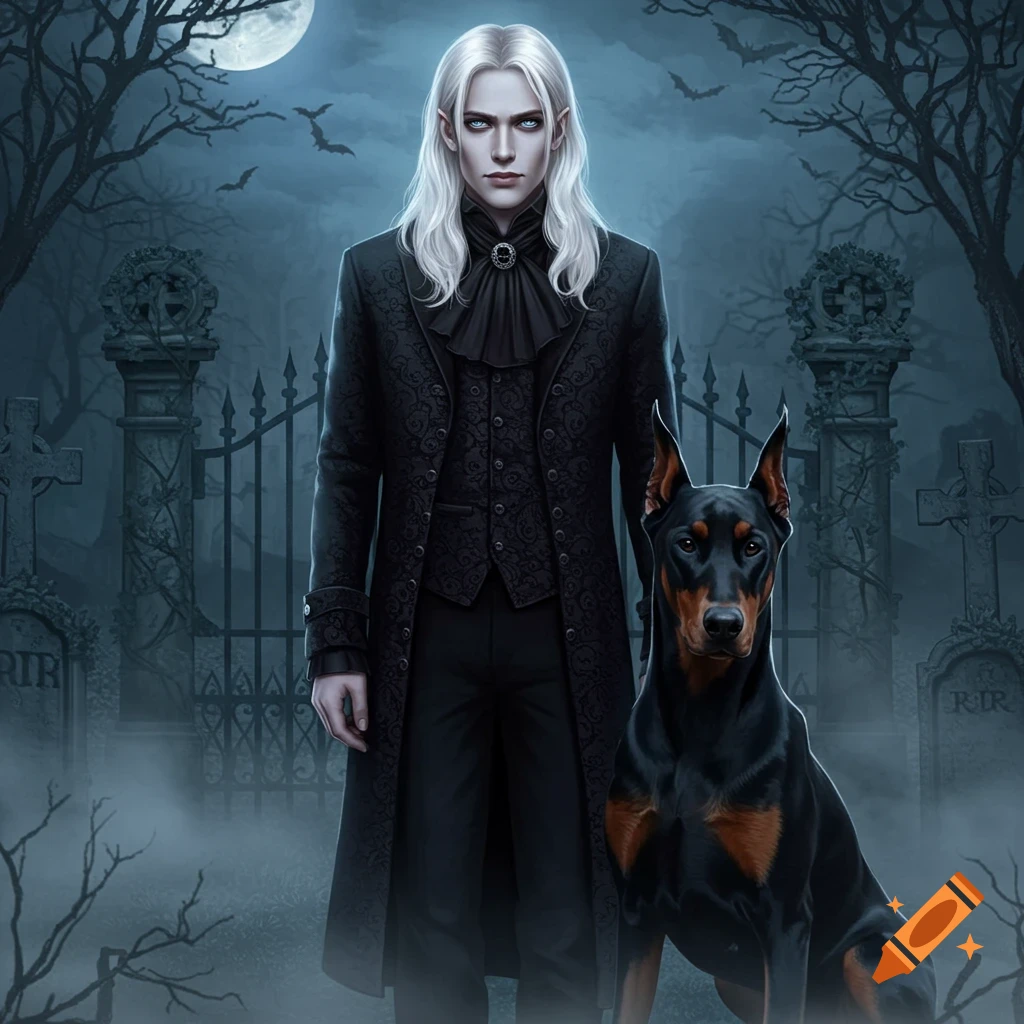 A white-haired vampire male stands with a doberman pinscher in a misty, moonlit gothic graveyard, dark fantasy art.