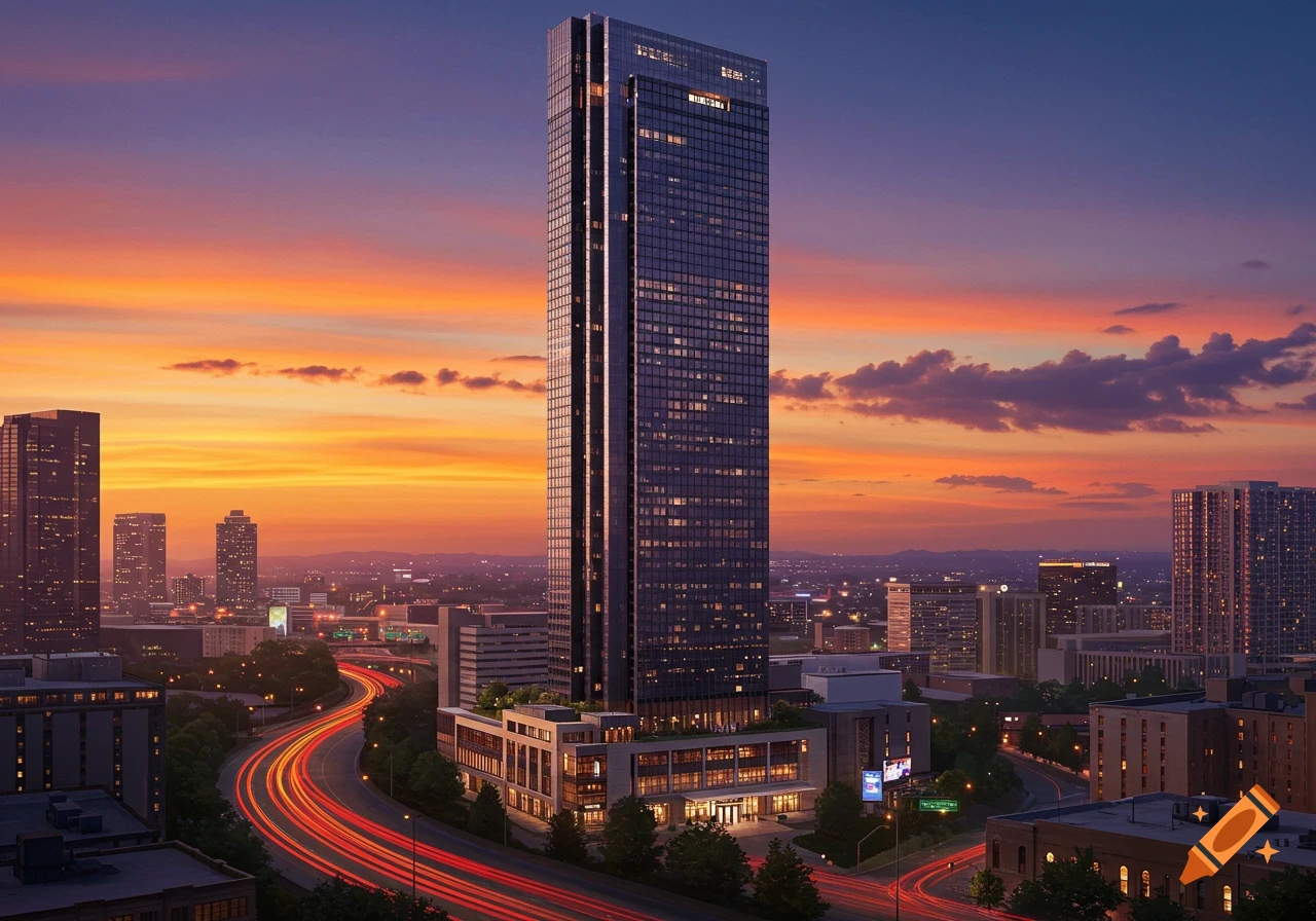 Photorealistic cityscape at sunset featuring a tall skyscraper, other buildings, and red light trails on a highway.