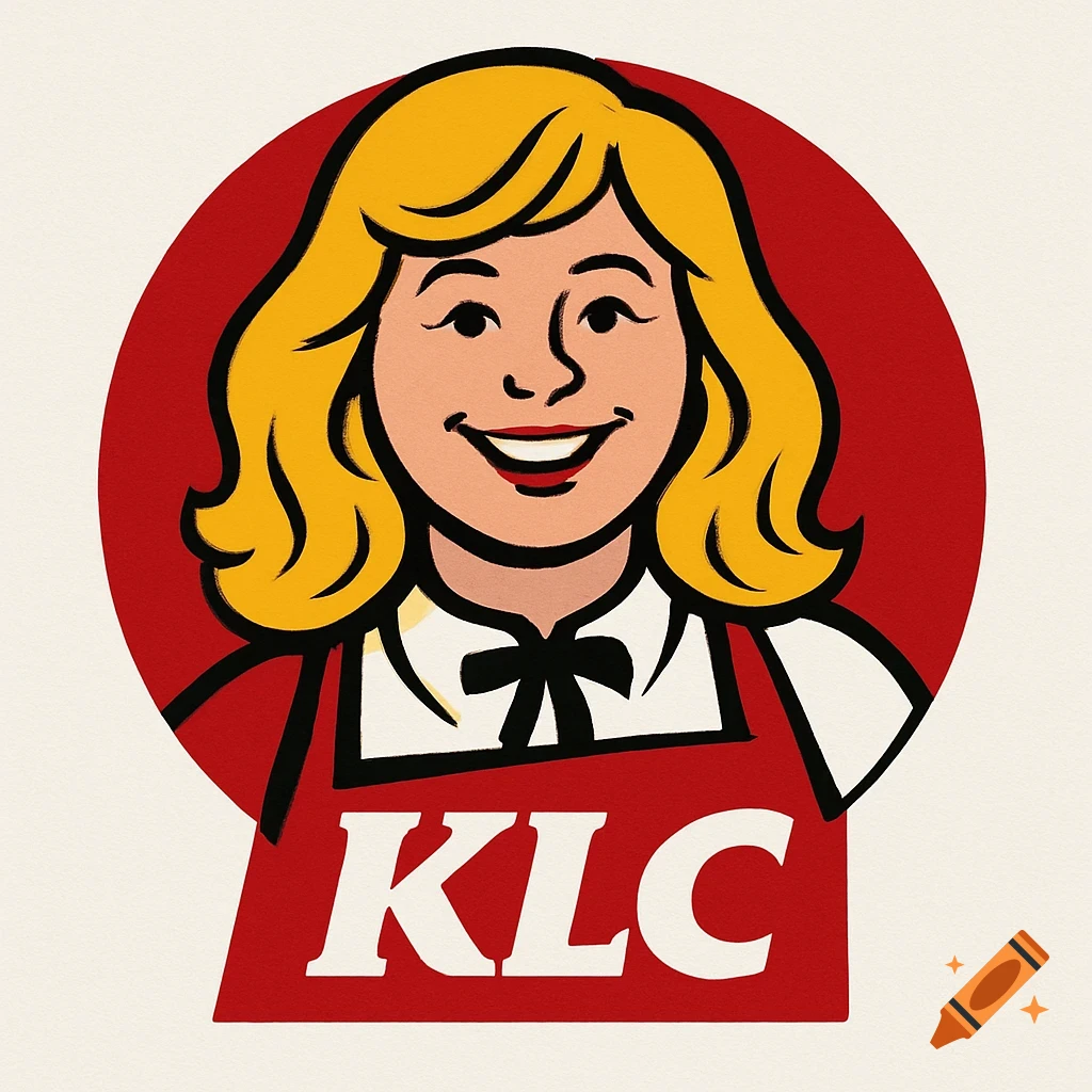 Cartoon logo parody of KFC featuring a smiling blonde woman with 'KLC' on her red apron, against a red circle background.