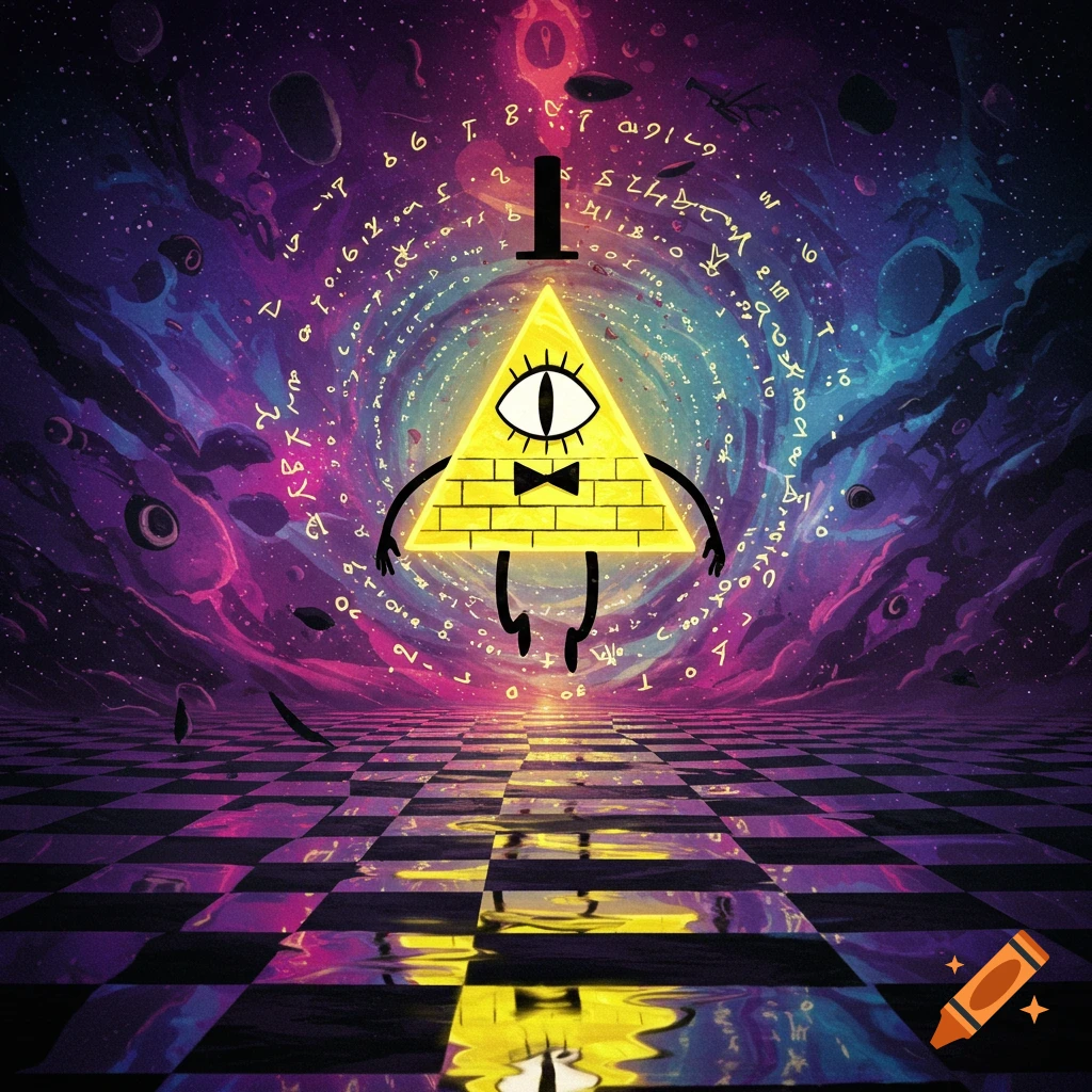 Vibrant illustration of Bill Cipher, a yellow triangle with an eye and top hat, floating over a checkered floor with cosmic nebula background and glowing symbols.