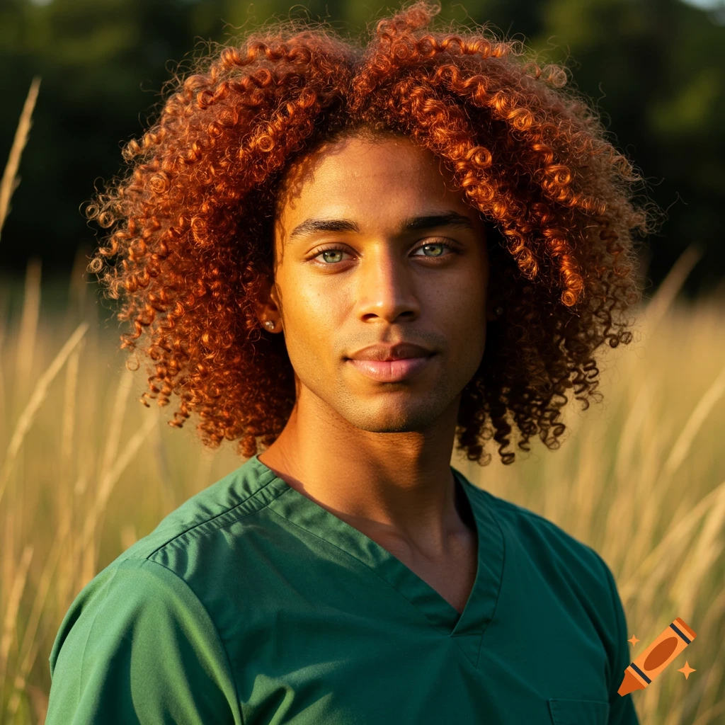Close-up photorealistic portrait of a young man with bright red curly hair, green eyes, and olive skin, wearing a green scrub top in a sunlit field.