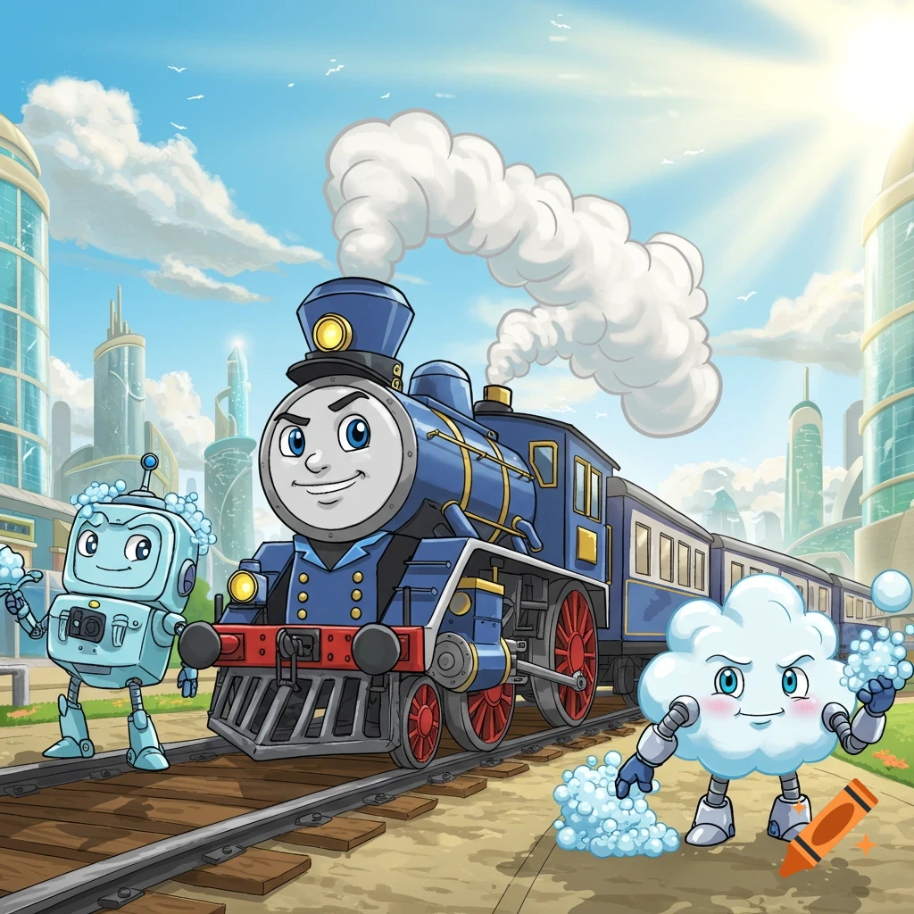 A friendly blue cartoon train with a smiling face on its front drives on tracks next to a light blue robot and a cloud character in a futuristic city.