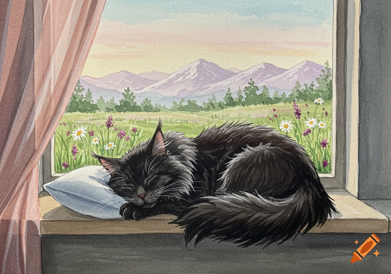 Fluffy black Maine Coon cat sleeping on a pillow on a windowsill with a watercolor mountain and wildflower landscape outside.