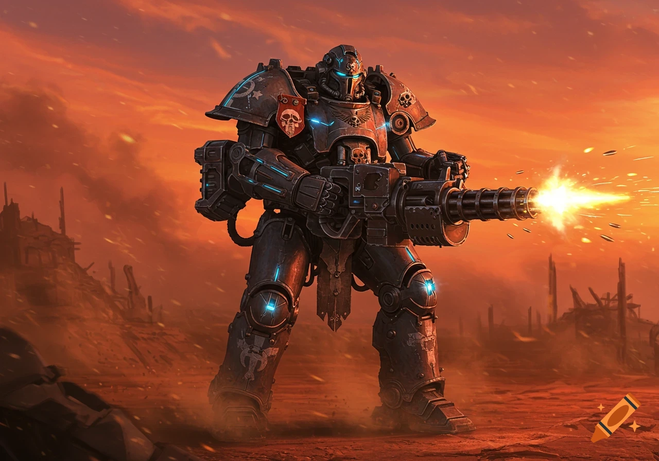 A heavily armored figure resembling a Space Marine or Brotherhood of Steel Knight fires a minigun in a desolate, orange-skied landscape.