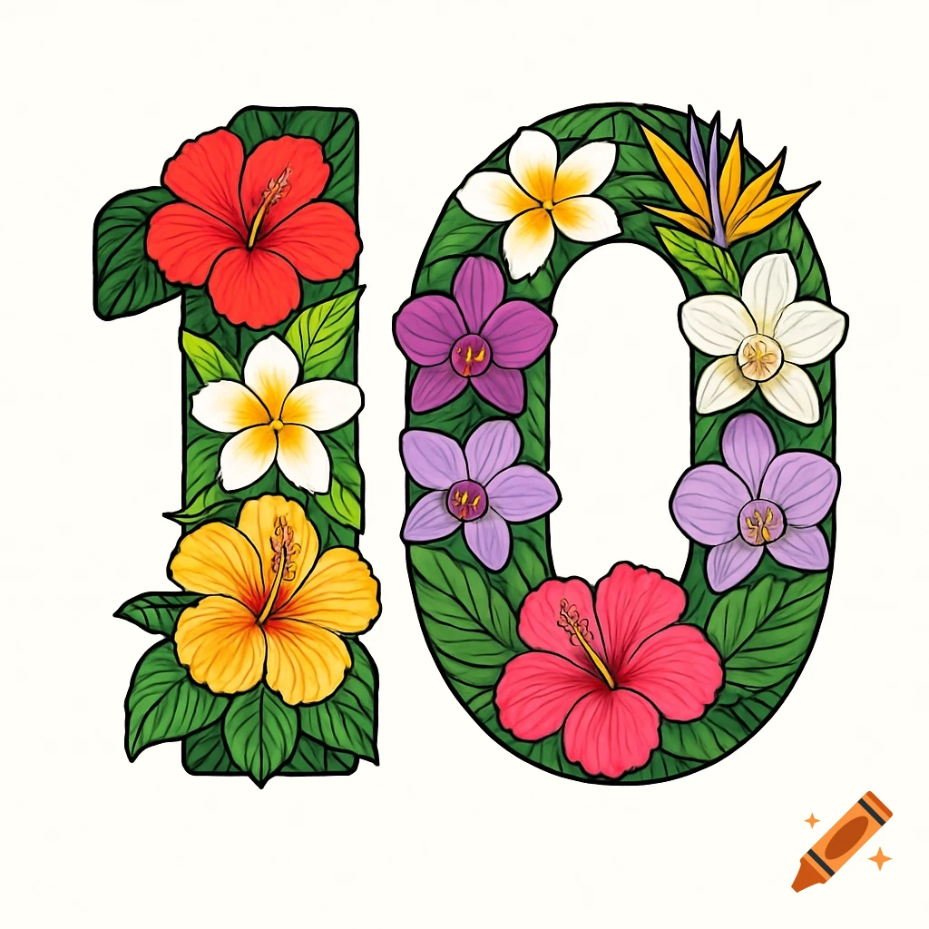 The number 10, illustrated with colorful Hawaiian flowers and green leaves, outlined in black on a white background.