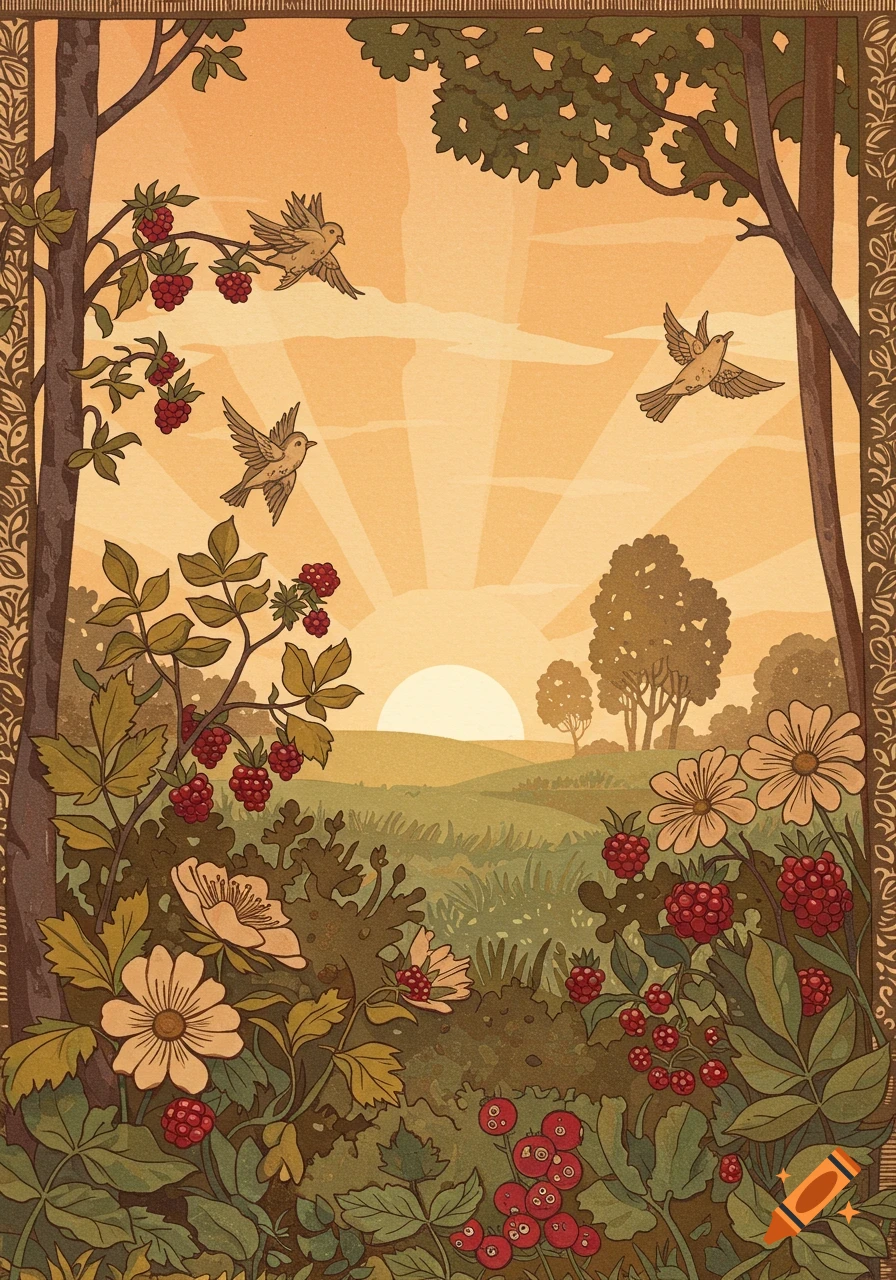 Woodcut illustration of a nature scene with a sunrise, flying birds, berry bushes, and blooming flowers.
