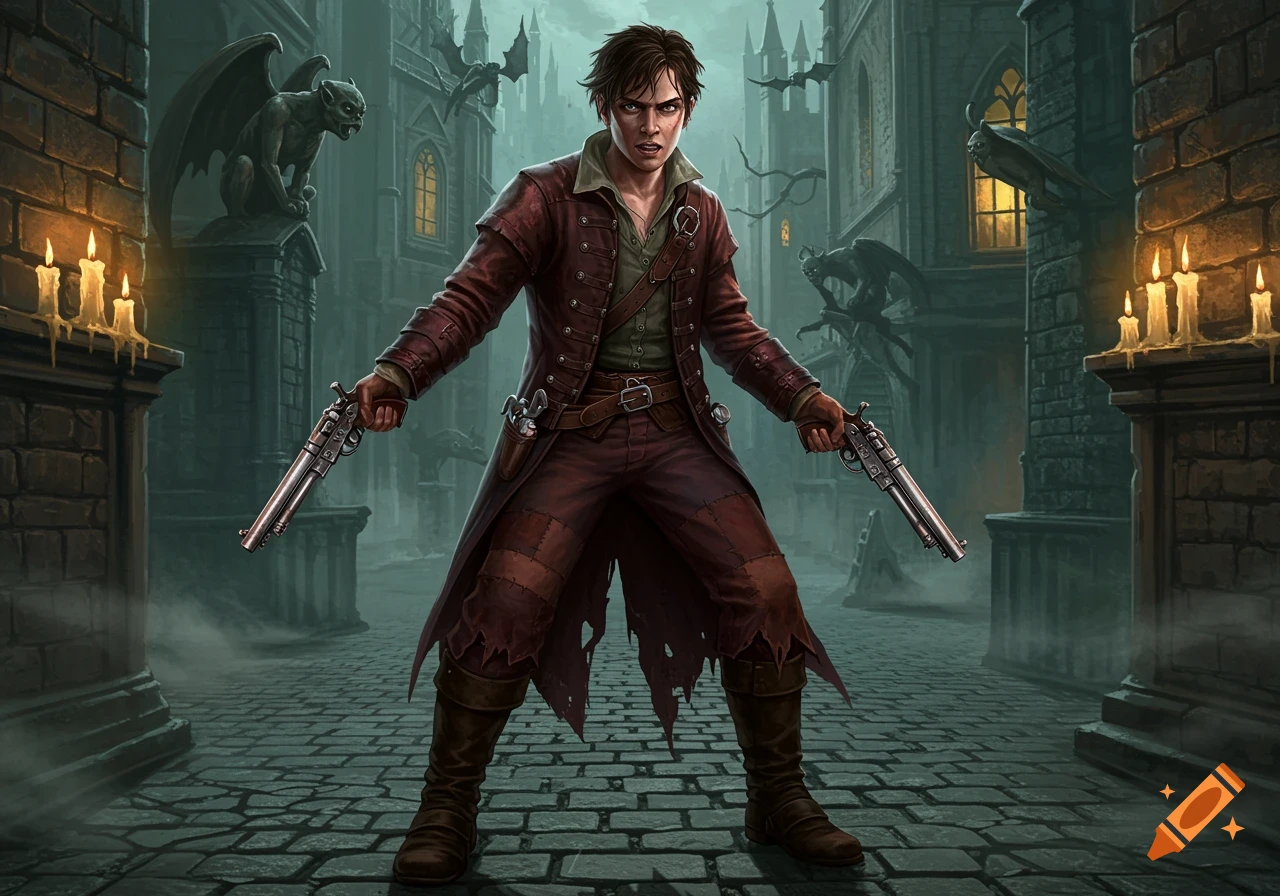 A determined male vampire hunter in a tattered coat holds dual pistols in a dark, gothic alleyway with gargoyles and bats.