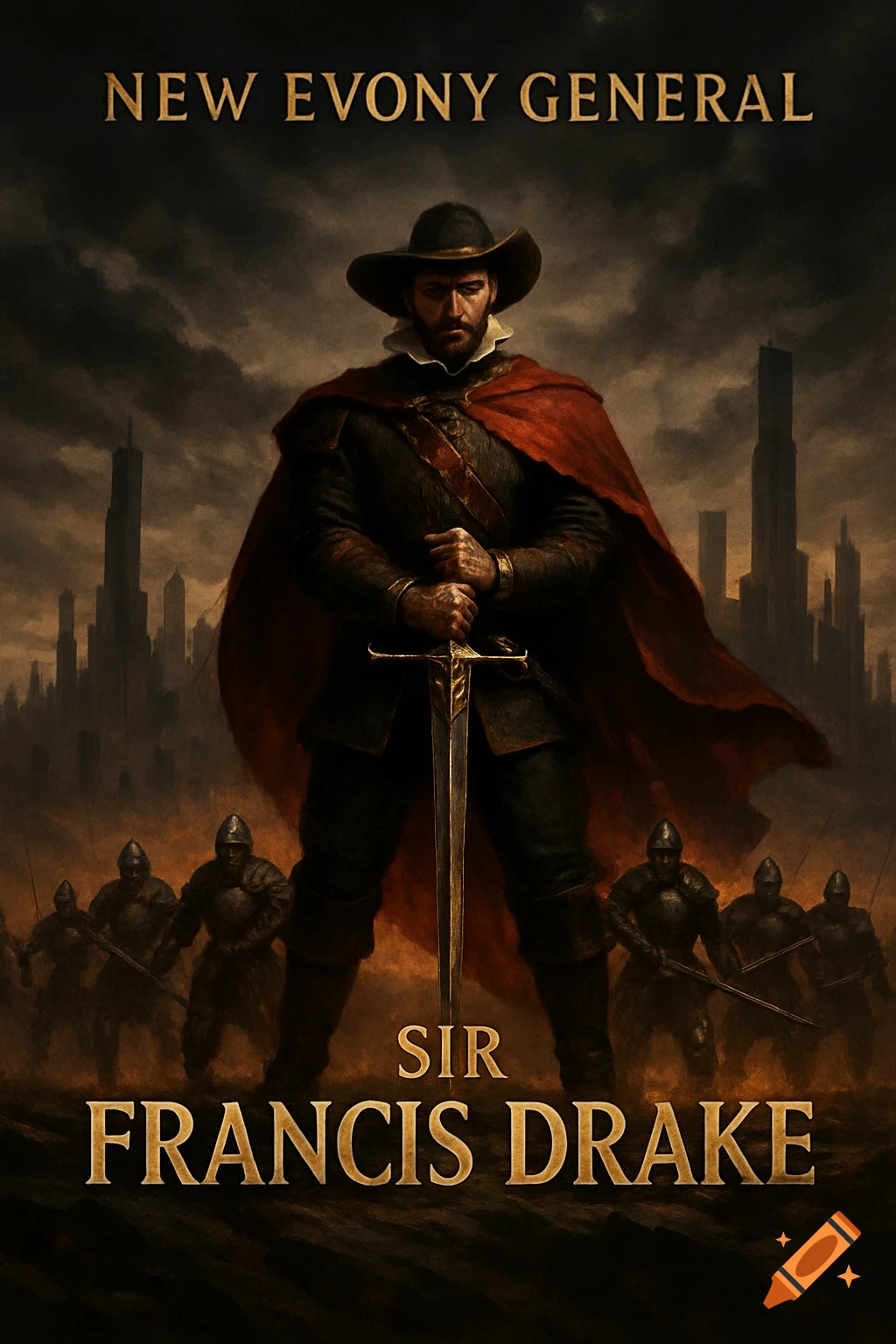 Promotional poster for 'NEW EVONY GENERAL' shows a general in a red cloak holding a sword, with soldiers and a futuristic cityscape. Text: Sir Francis Drake.