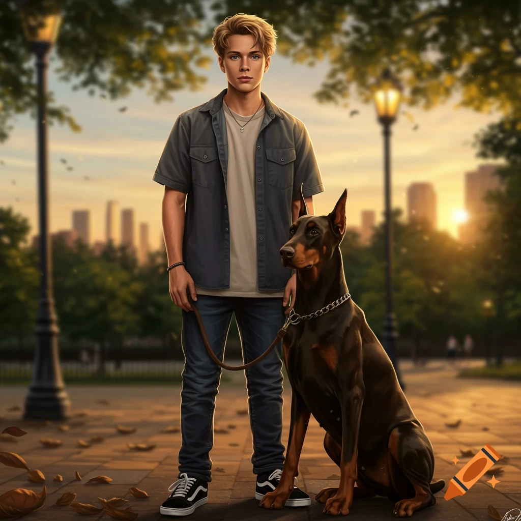 A blonde man with a Doberman Pinscher on a leash stands on a park path at sunset, city buildings in the background.
